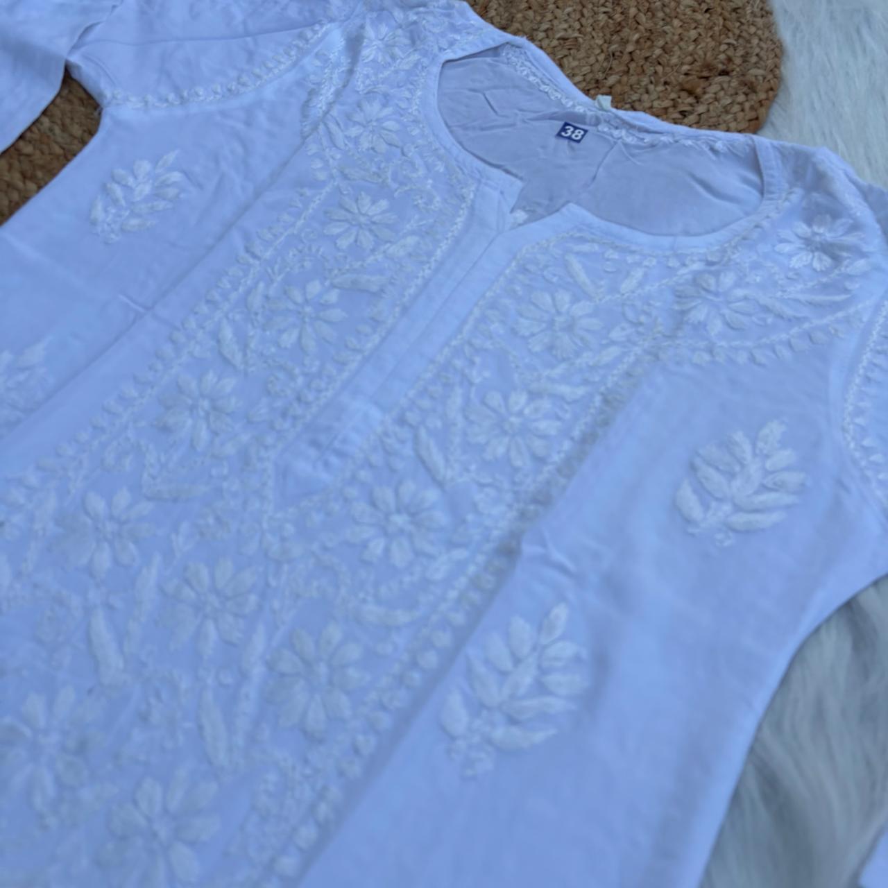 Soft Rayon Chikankari Kurti - White Colour
