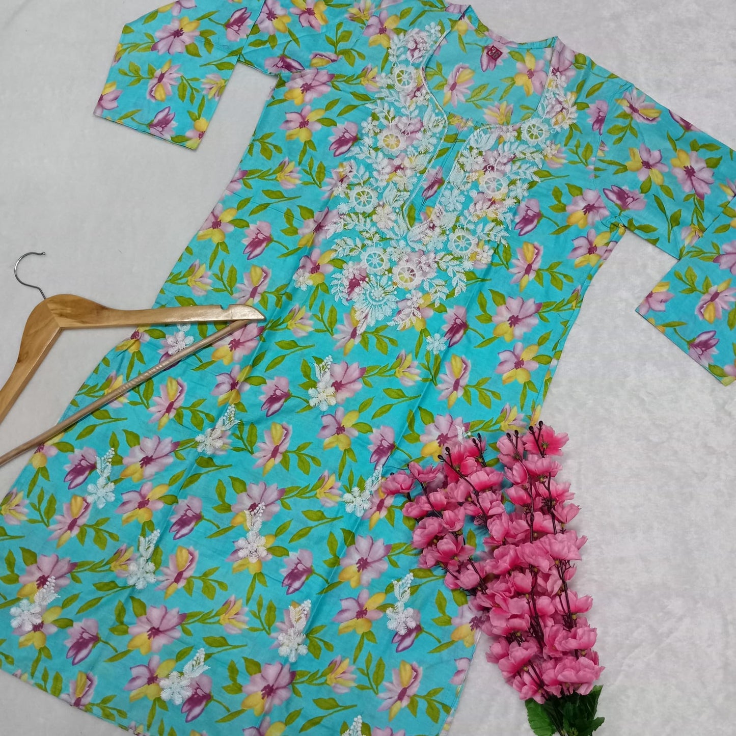 Mulmul Cotton Chikankari Machine Work Kurti -Blue Colour - Chikankaar