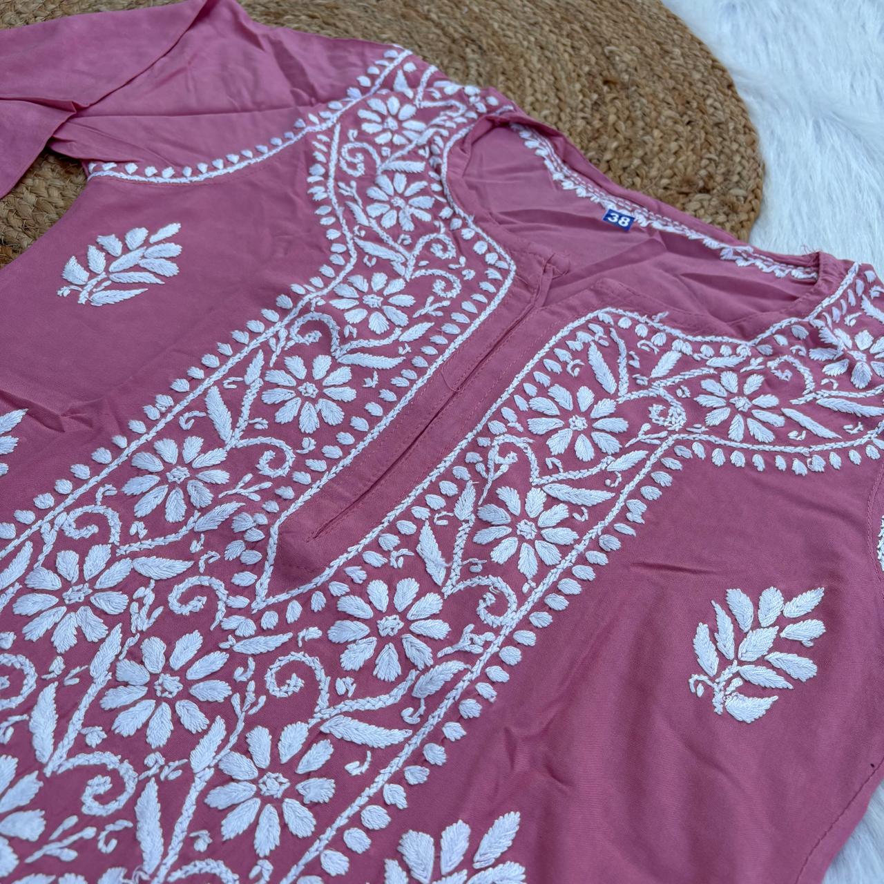 Soft Rayon Chikankari Kurti - Blush Colour