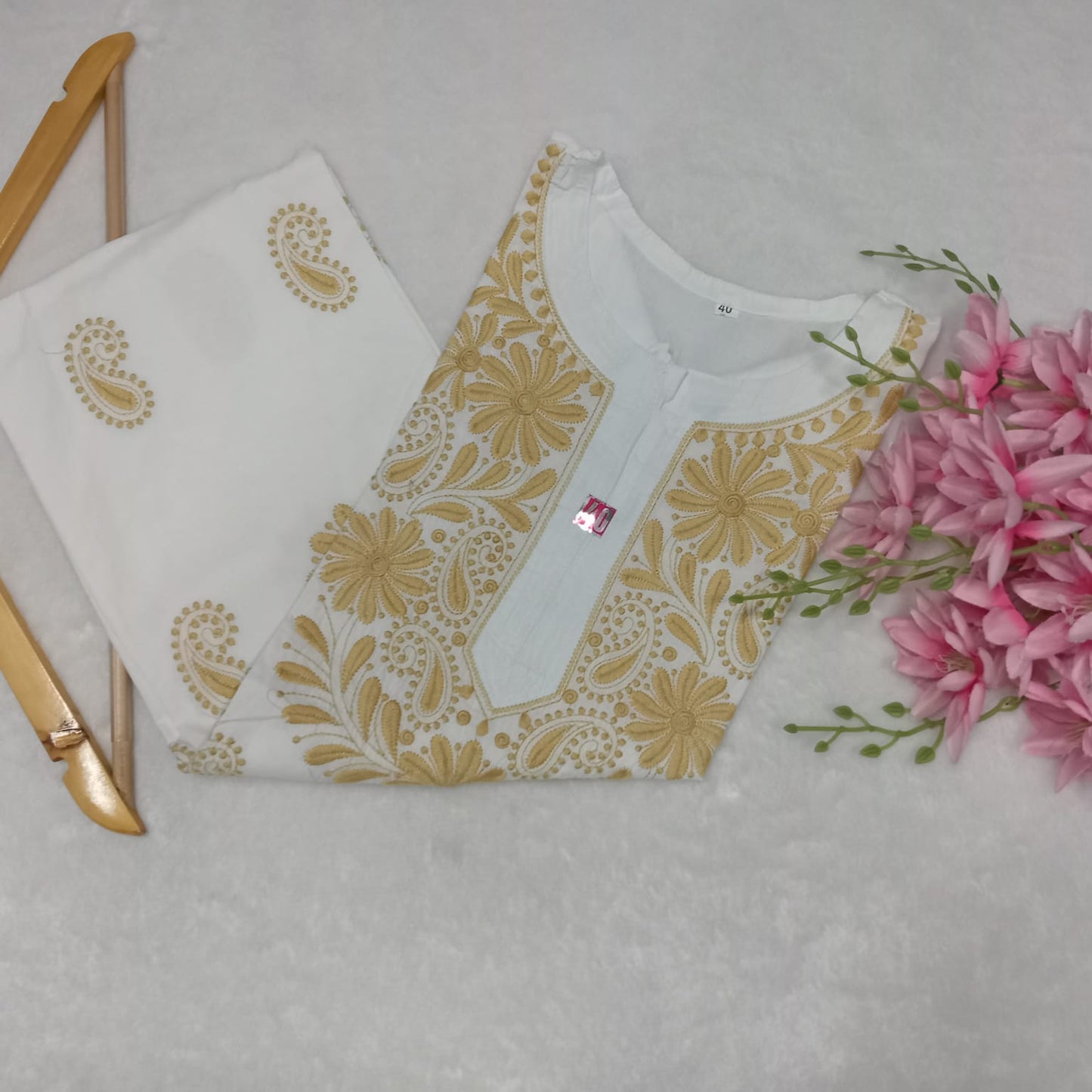 Pure Cotton Chikankari Machine Work Kurti - White Yellow Colour - Chikankaar