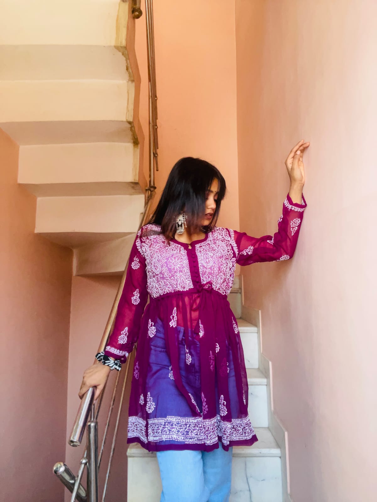 CHIKANKARI GEORGETTE SHORT GOWN WITH DORI - WINE COLOR - Chikankaar