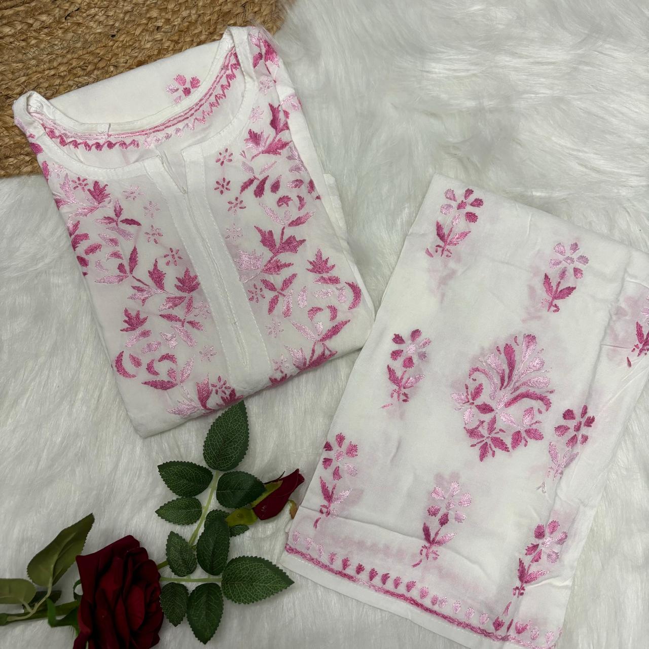 Aleena Rayon Chikankari Kurti Plazo Set - White Pink color - Chikankaar