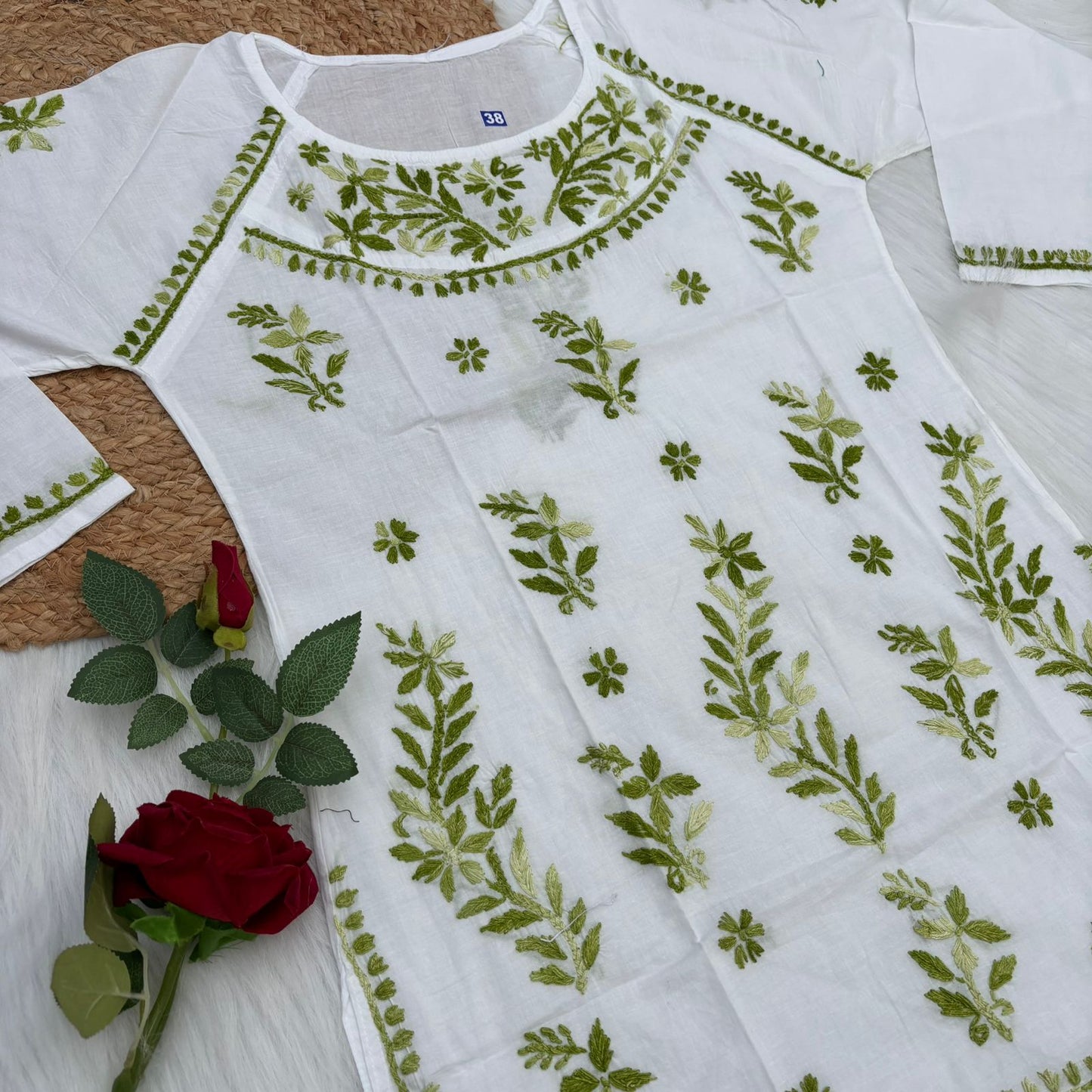 Alia Soft Rayon Chikankari Short Kurti - White Green Color - Chikankaar