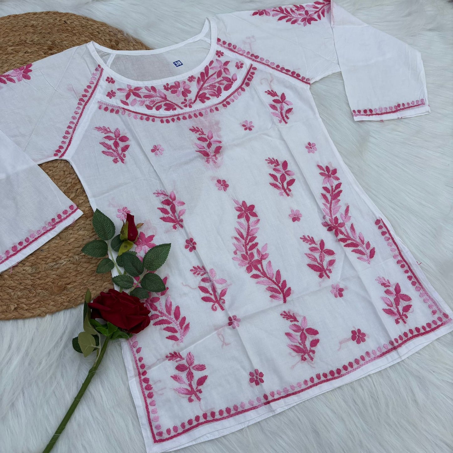 Alia Soft Rayon Chikankari Short Kurti - White Pink Color - Chikankaar
