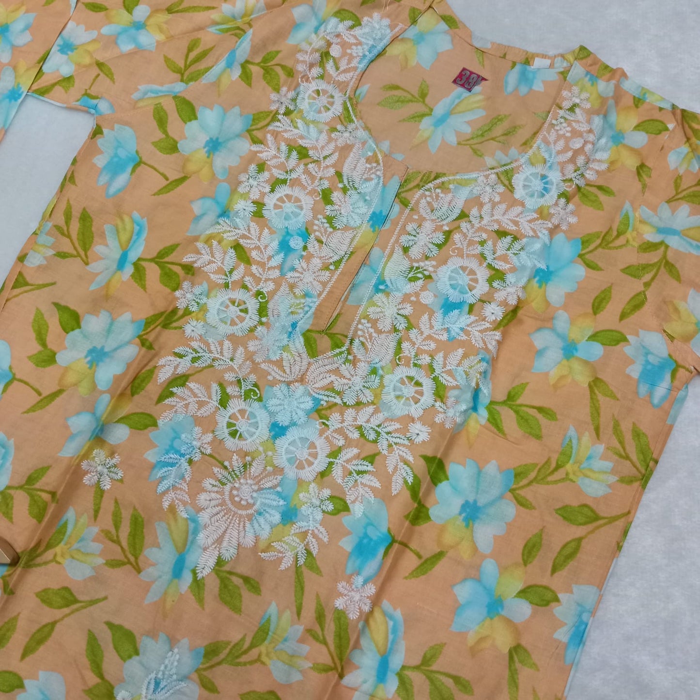 Mulmul Cotton Chikankari Machine Work Kurti -Peach Colour - Chikankaar