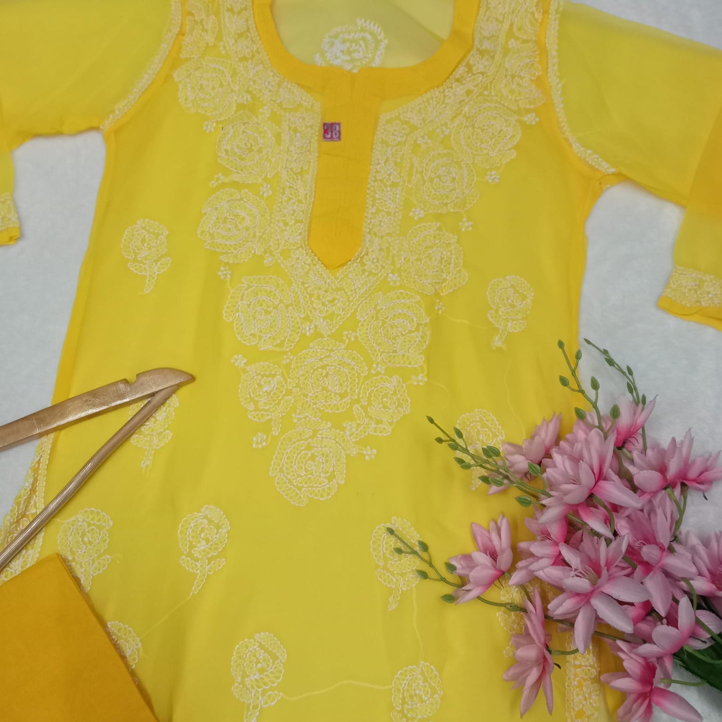 Georgette Chikankari Rose Work Kurti With Pure Cotton Inner -Yellow Colour - Chikankaar