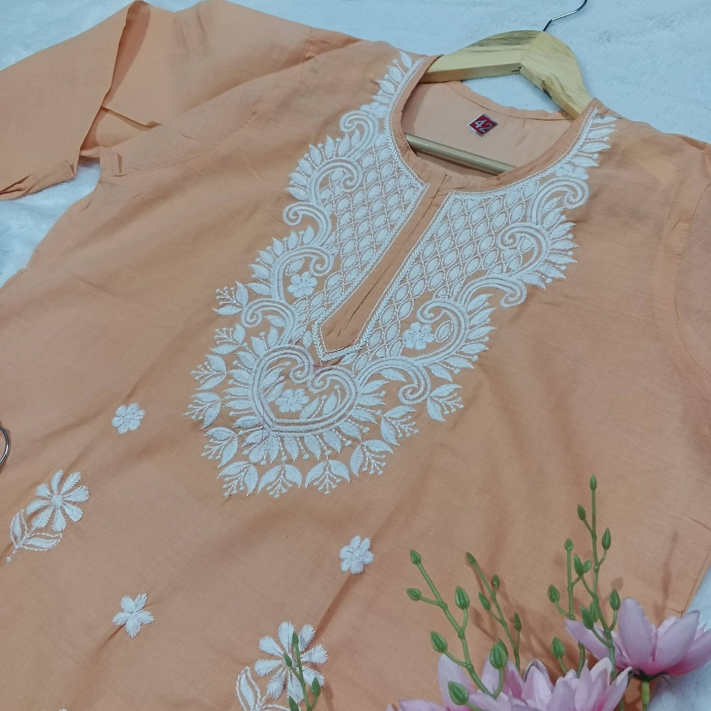 COTTON MACHINE WORK CHIKANKARI KURTI - PEACH COLOUR - Chikankaar