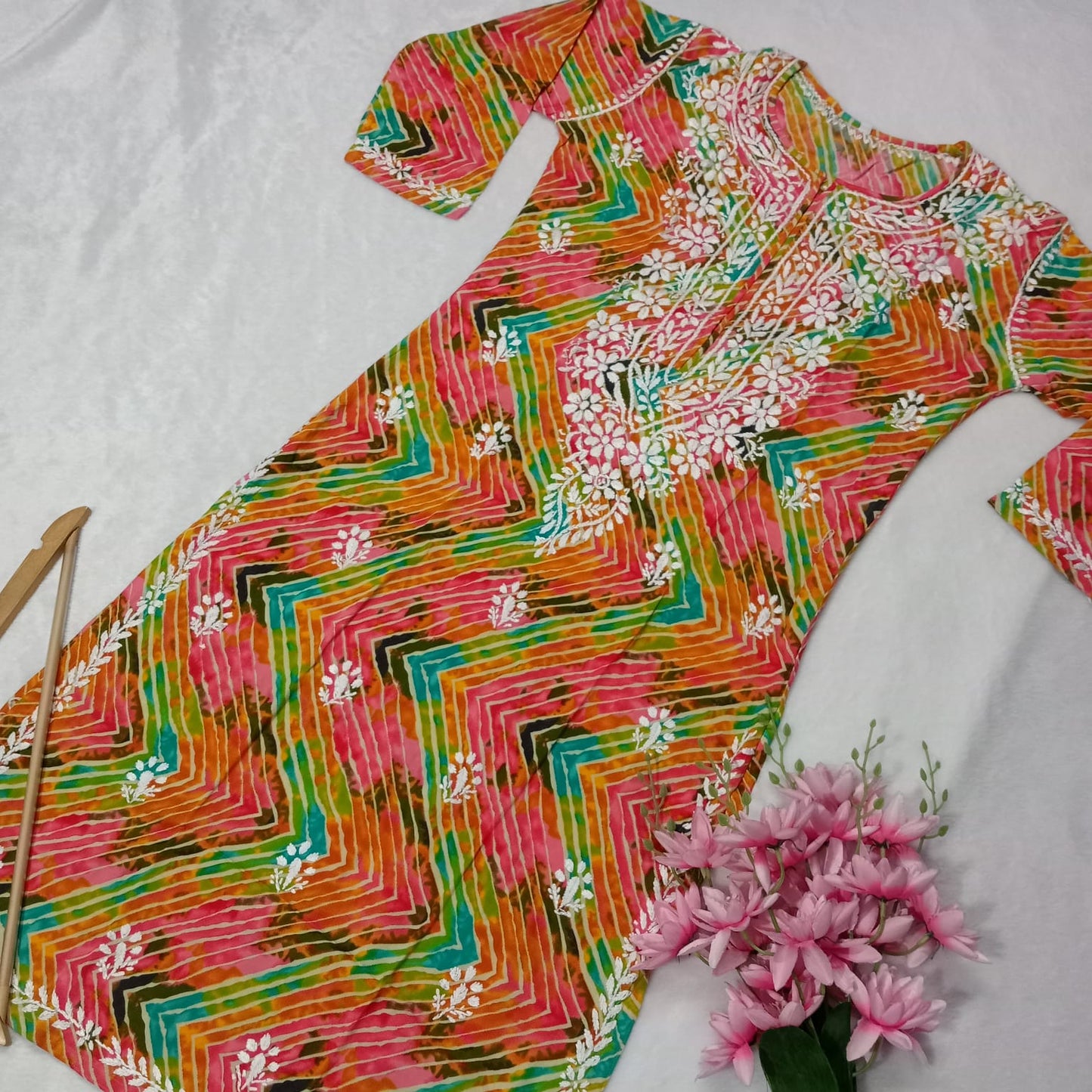 PURE RAYON MULTIPRINTED CHIKANKARI KURTI - MULTICOLOR - Chikankaar