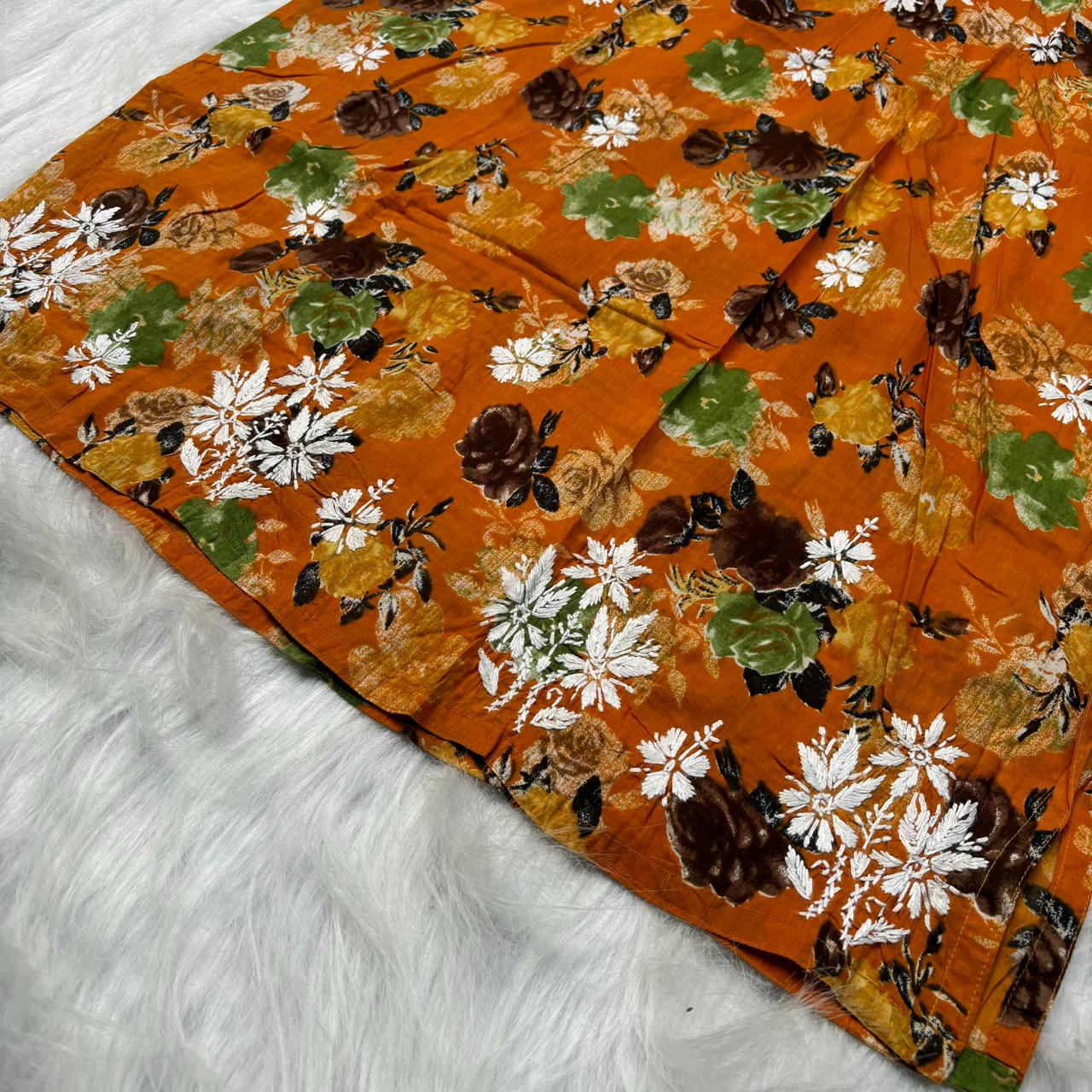 Plus size special-Dhanashree Inspired Mulmul Floral Printed Chikankari Handwork Kurti- Mustard Colour - Chikankaar