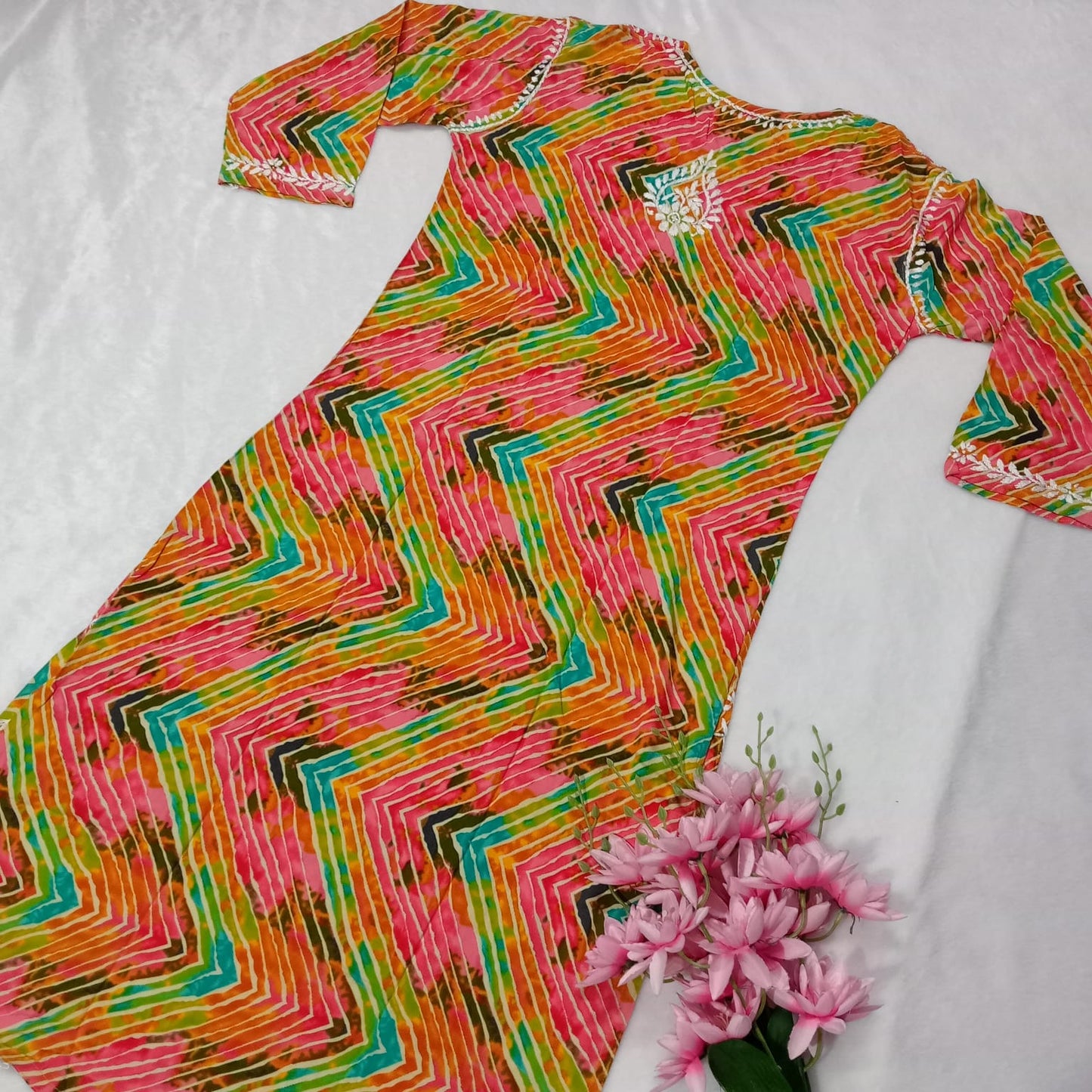 PURE RAYON MULTIPRINTED CHIKANKARI KURTI - MULTICOLOR - Chikankaar