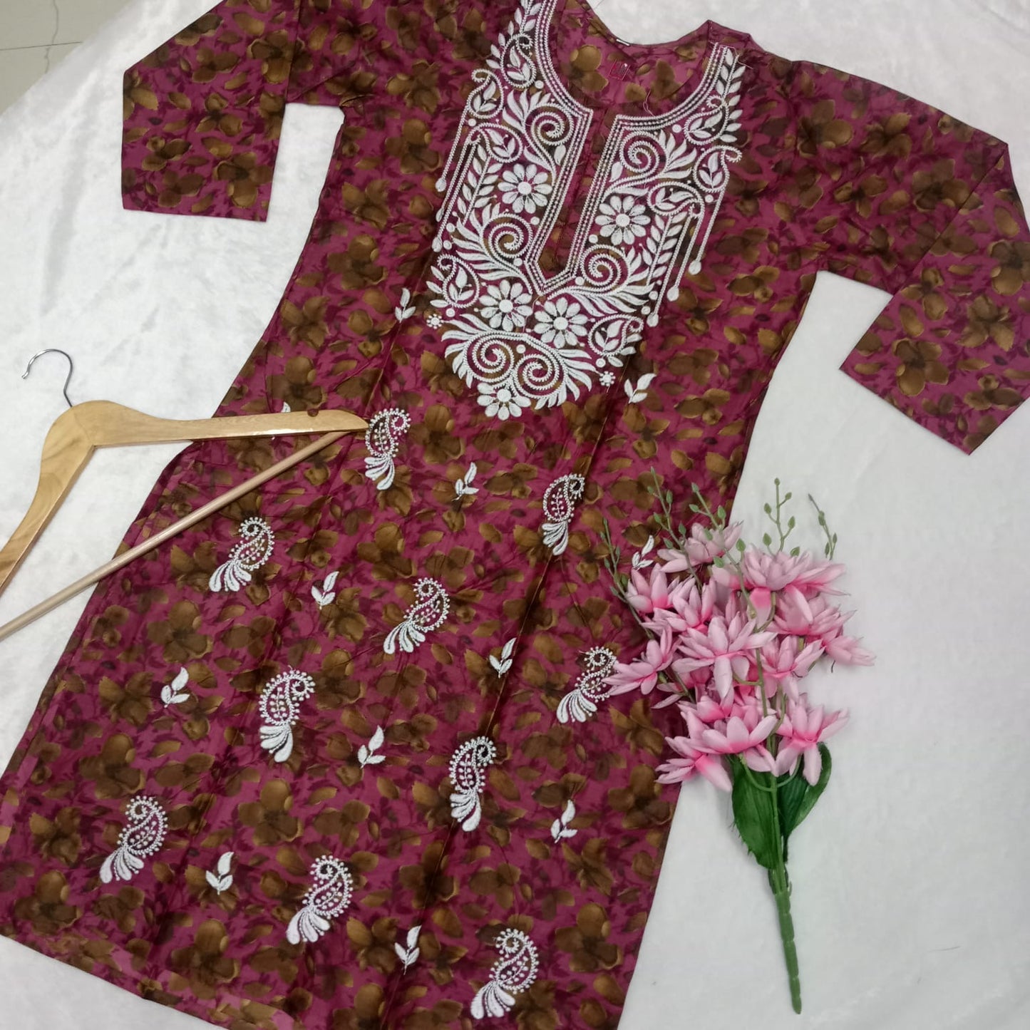 Cotton Silk Chikankari Machine Work Kurti - Cherry Colour - Chikankaar
