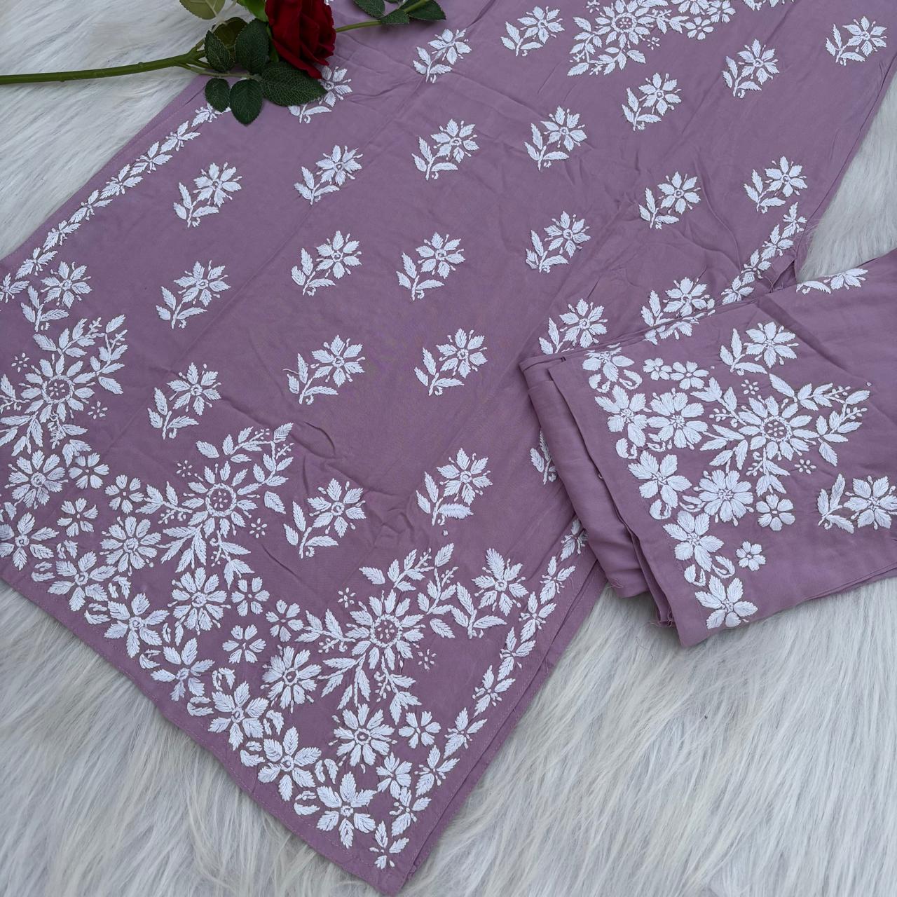 Maya Rayon Chikankari Kurti Plazo Set - Lavender Colour