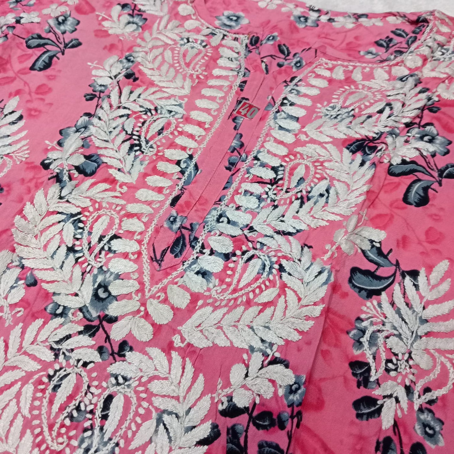Soft Modal Floral Printed Chikankari Handwork Kurti - Pink Colour - Chikankaar