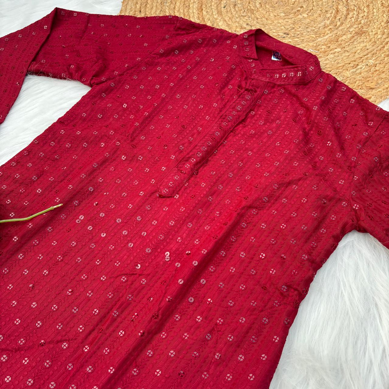 Ayaan Mens Cotton Chikankari Kurta - Maroon colour