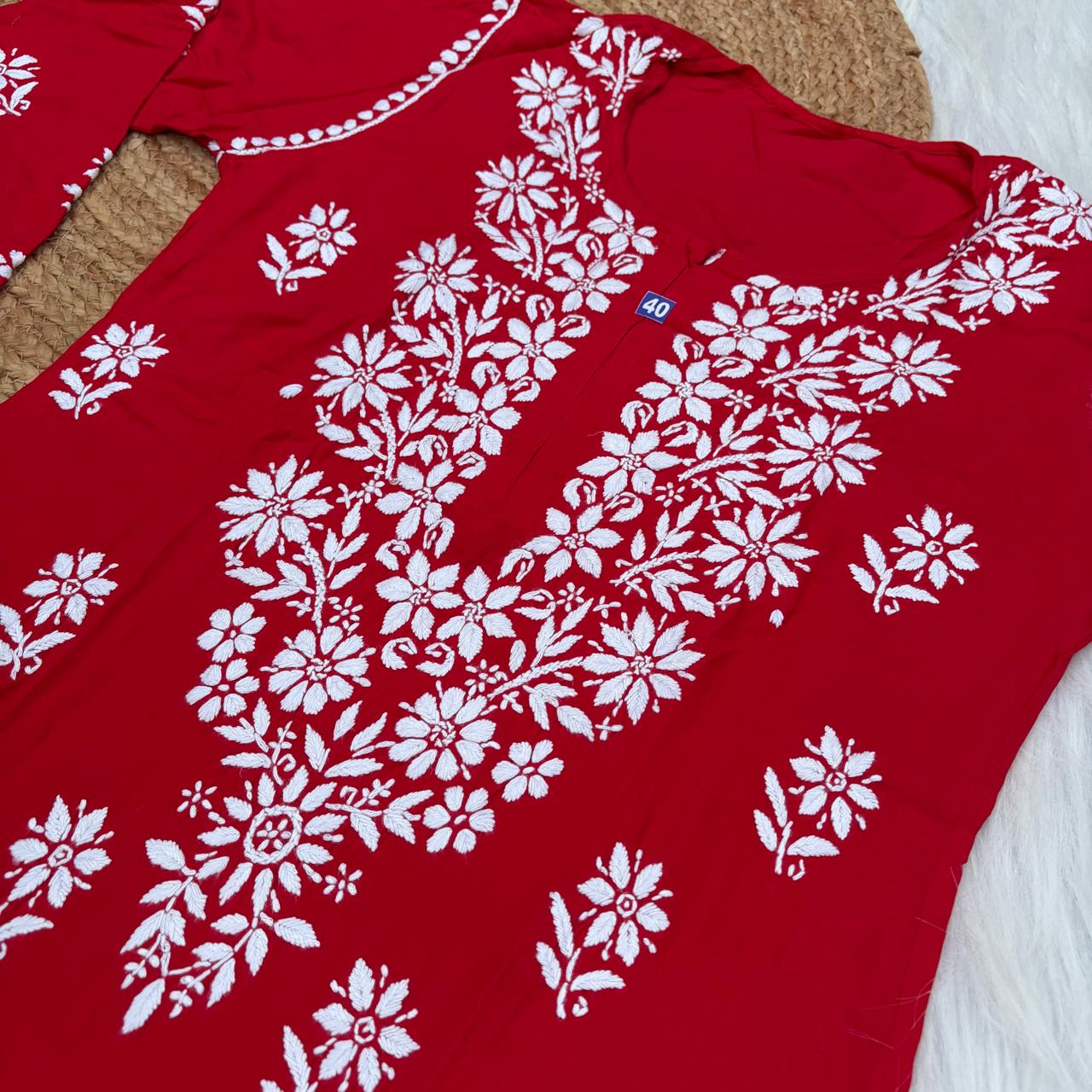 Maya Rayon Chikankari Kurti Plazo Set - Red Colour