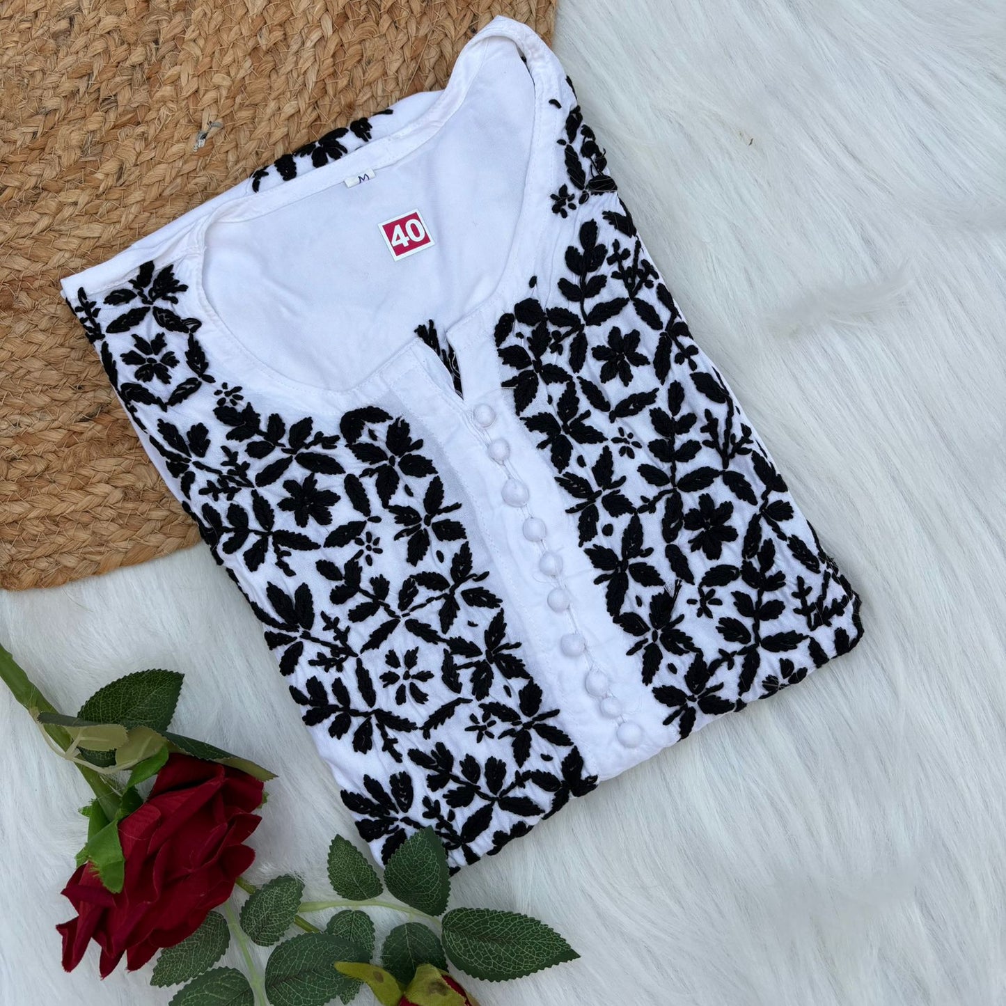 Amira Soft Rayon Chikankari Kurti - Black on White Color - Chikankaar