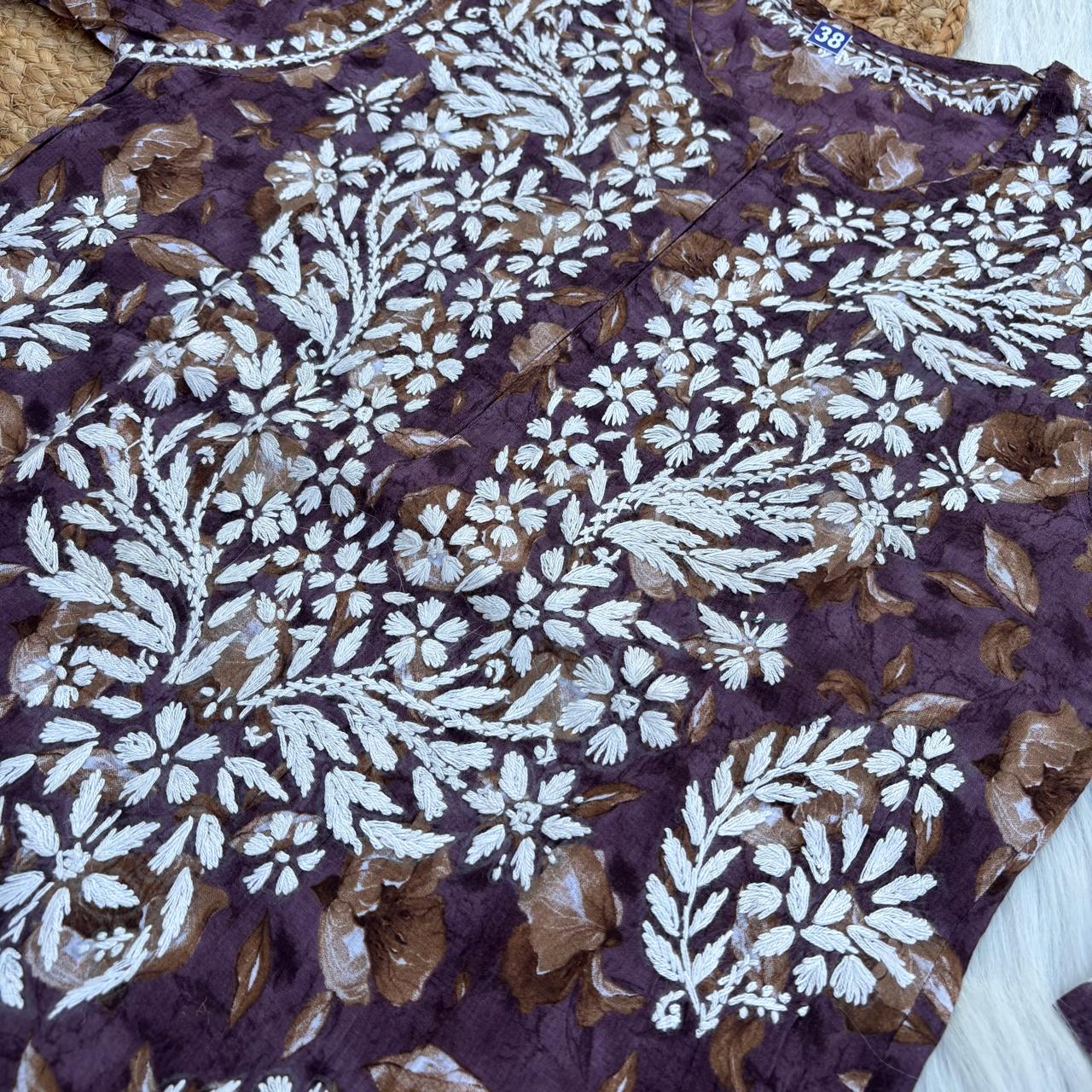 Sana Pure Mulmul Chikankari Handwork Kurti - Purple Colour