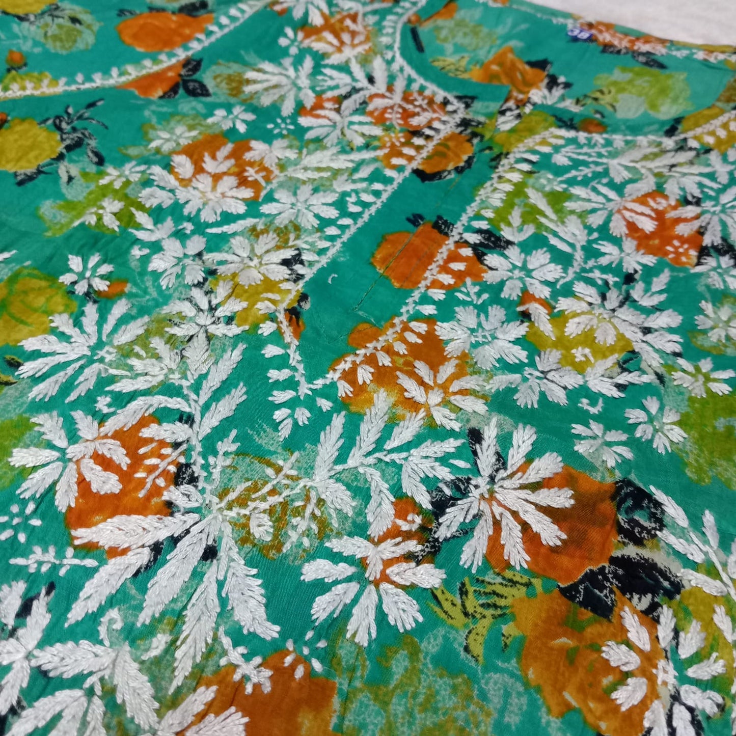 Dhanashree Inspired Mulmul Floral Printed Chikankari Handwork Kurti - Sea Green Colour - Chikankaar