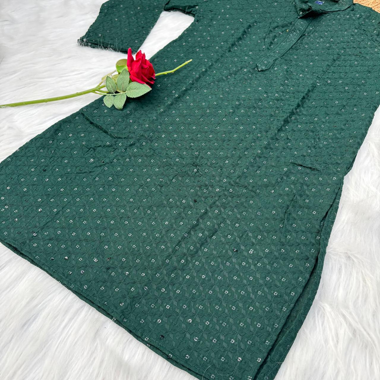 Ayaan Mens Cotton Chikankari Kurta - Dark Green colour