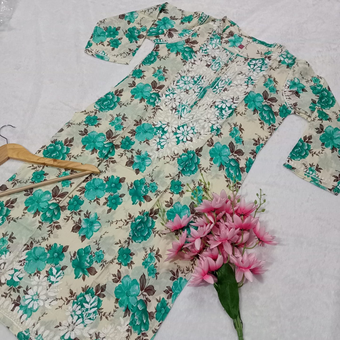 Pure Mulmul Cotton Chikankari Kurti With Floral Print -Sea Green Colour - Chikankaar