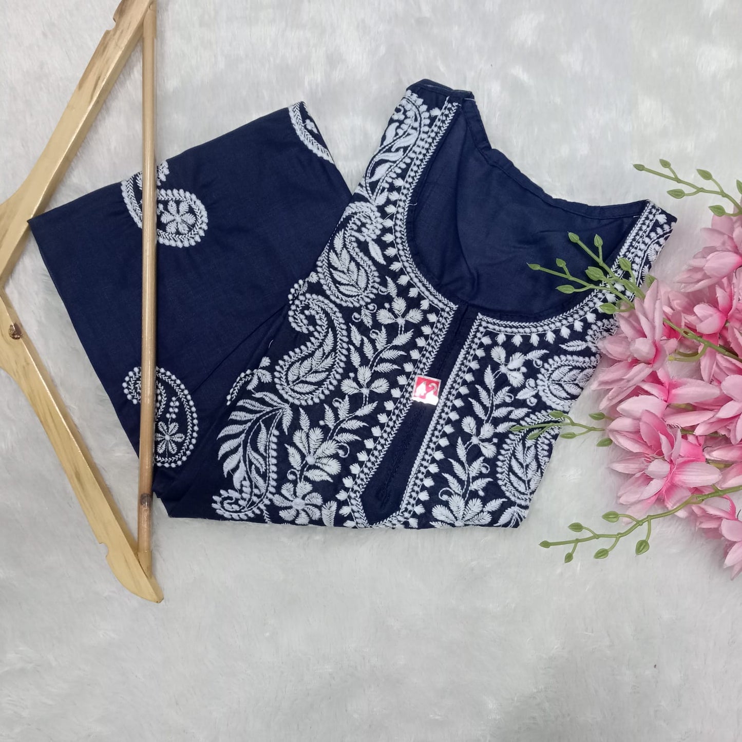 COTTON MACHINE WORK CHIKANKARI KURTI -NAVY BLUE COLOUR - Chikankaar