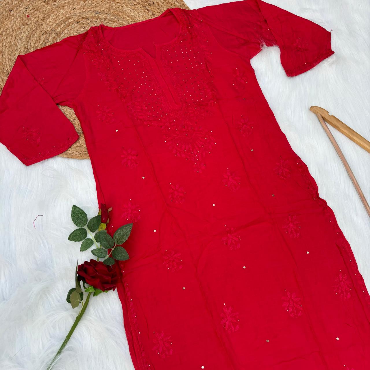 Rakul Preet Inspired Chikankari Muslin Kurti with Mukaish Work - Red Colour - Chikankaar