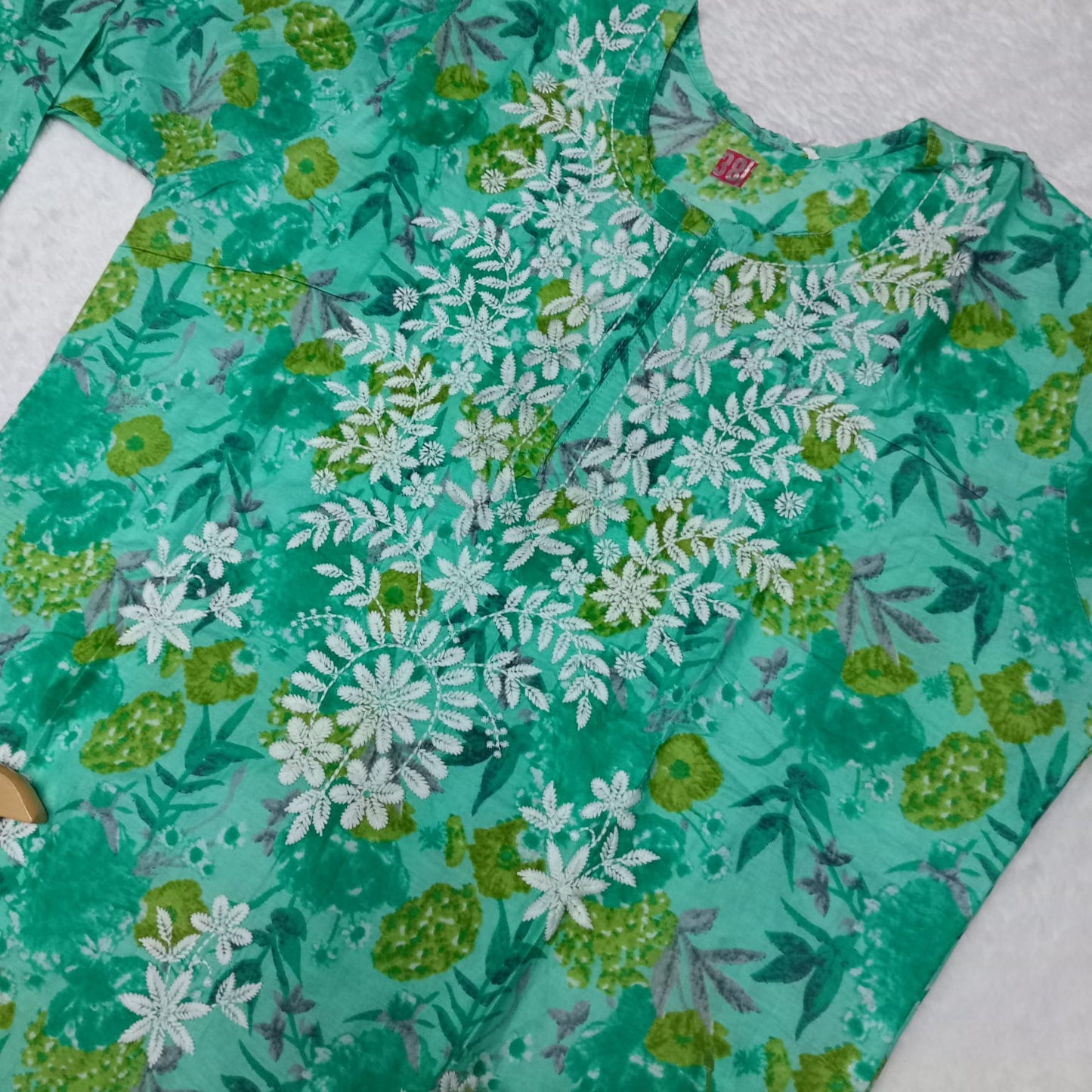 Mulmul Cotton Chikankari Machine Work Kurti - Sea Green Colour - Chikankaar