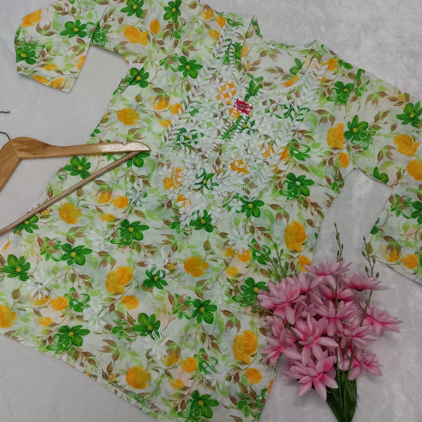 Mulmul Cotton Chikankari Short Kurti - Green Colour - Chikankaar