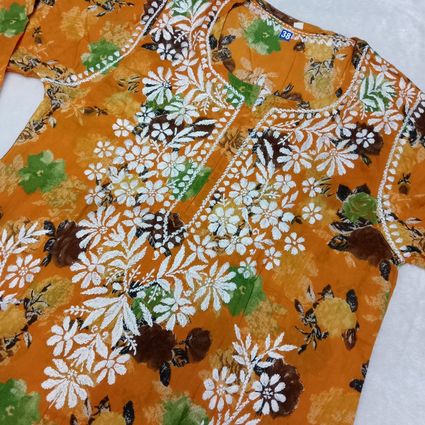 Dhanashree Inspired Mulmul Floral Printed Chikankari Handwork Kurti - Mustard Colour - Chikankaar