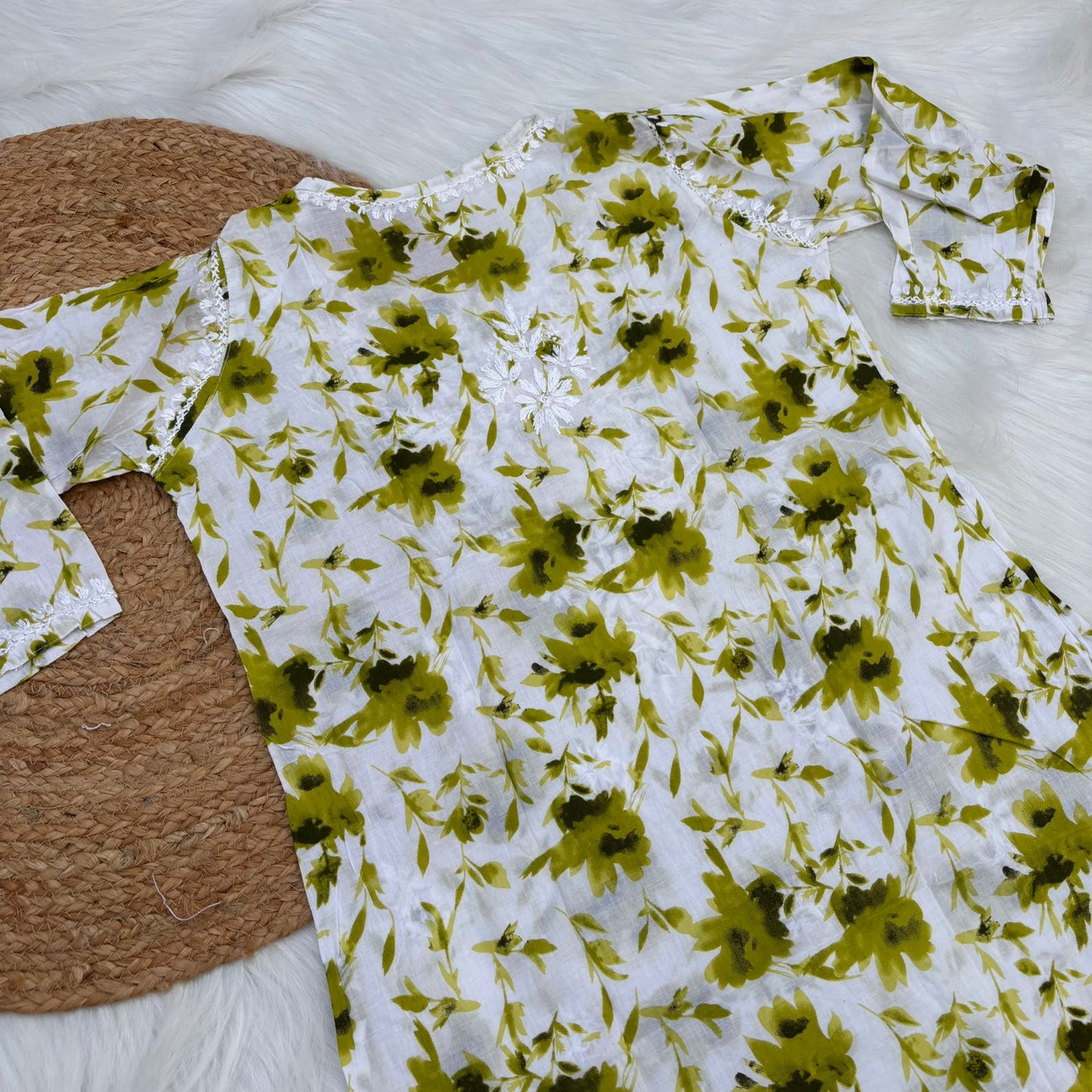 Asma Pure Mulmul Cotton Short Kurti - Green Colour - Chikankaar