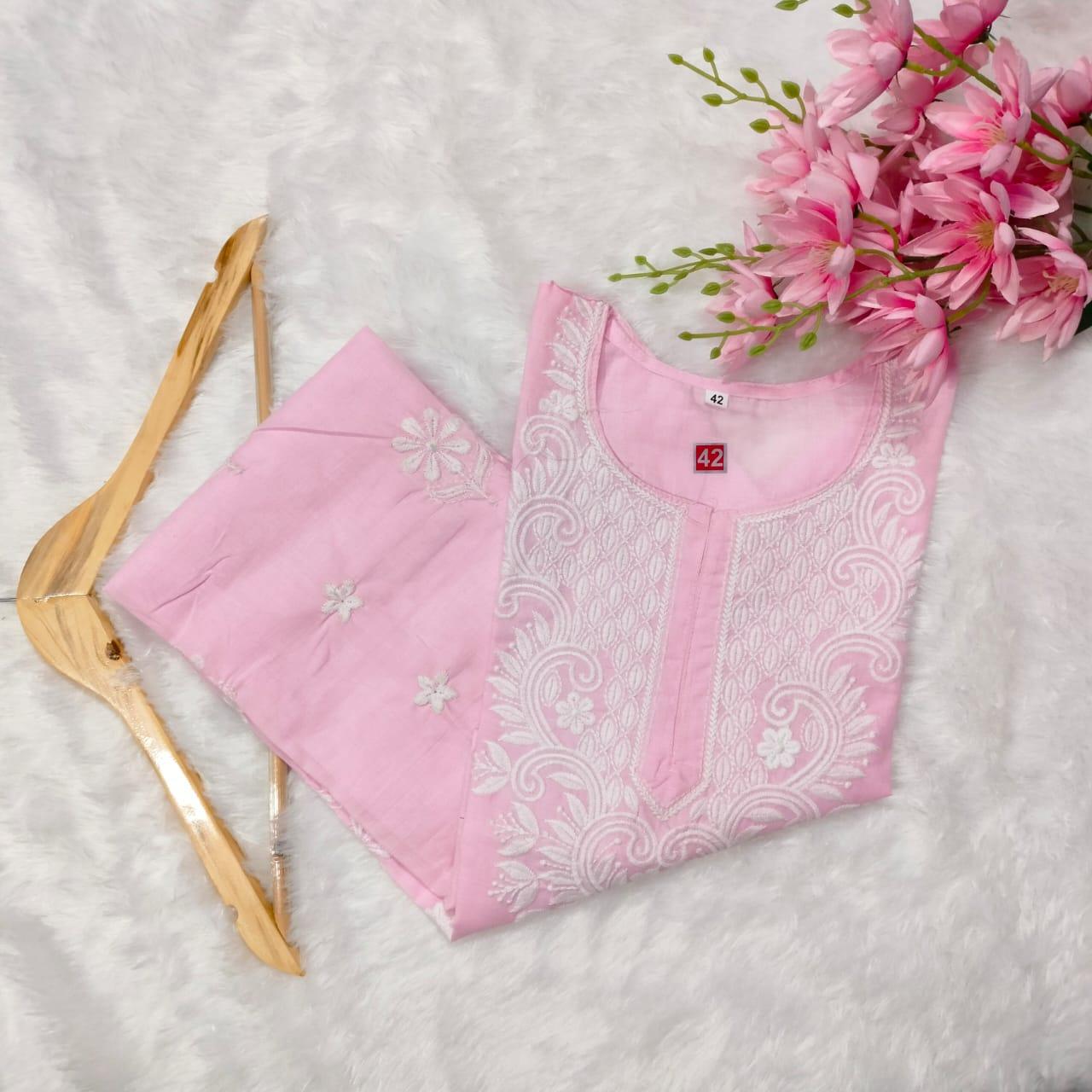 COTTON MACHINE WORK CHIKANKARI KURTI - BABY PINK COLOUR - Chikankaar