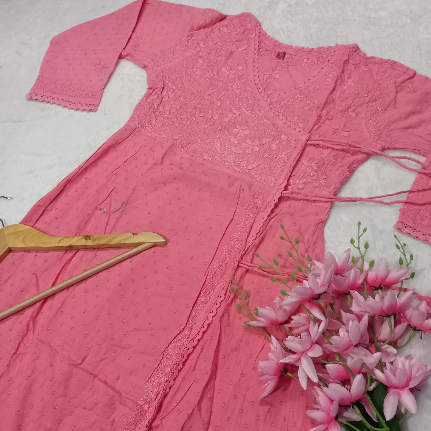 Ombre Shaded Dobby Cotton Chikankari Angarakha -Peach Colour - Chikankaar