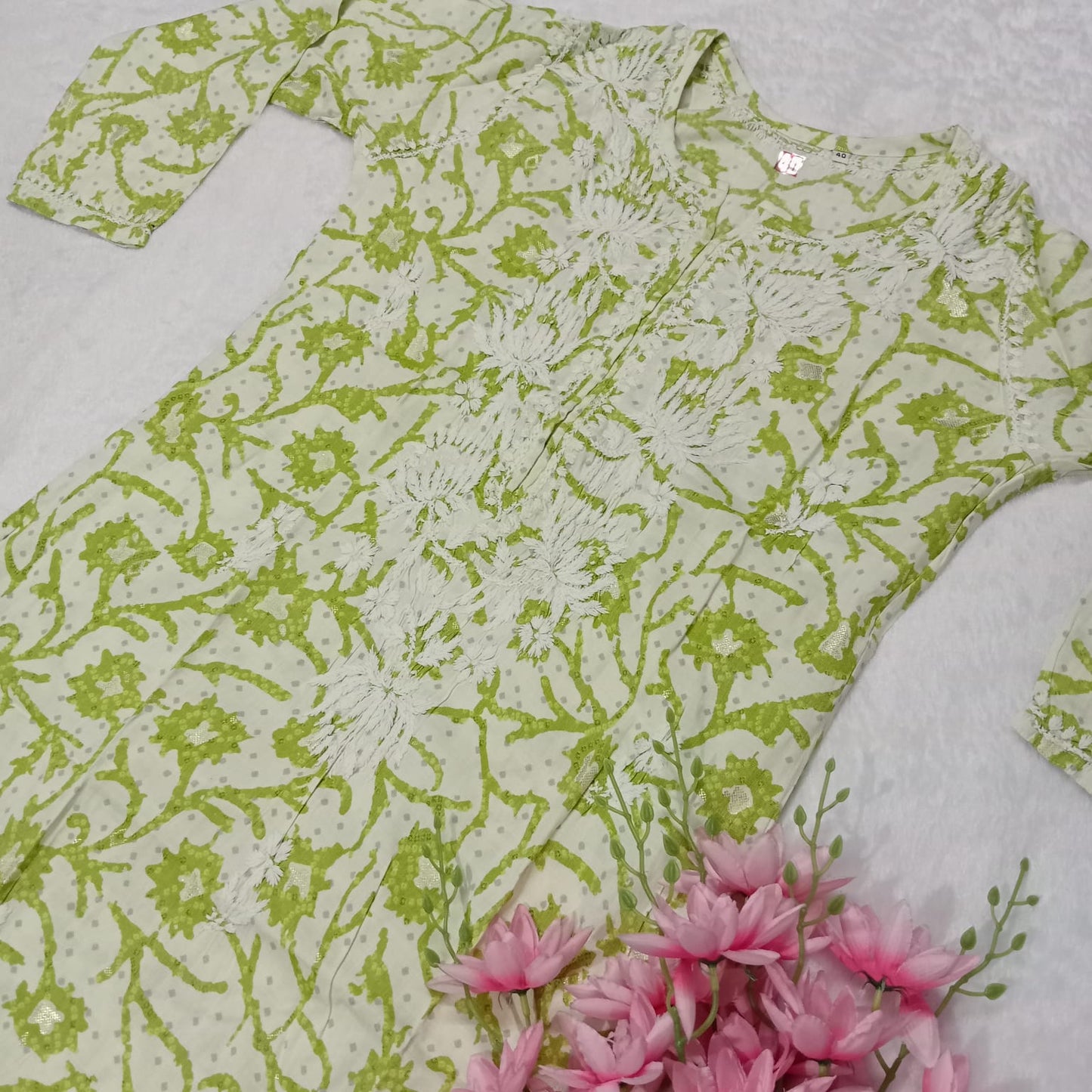 MODAL SLUB CHIKANKARI LOTUS WORK KURTI -LEAF GREEN COLOUR - Chikankaar