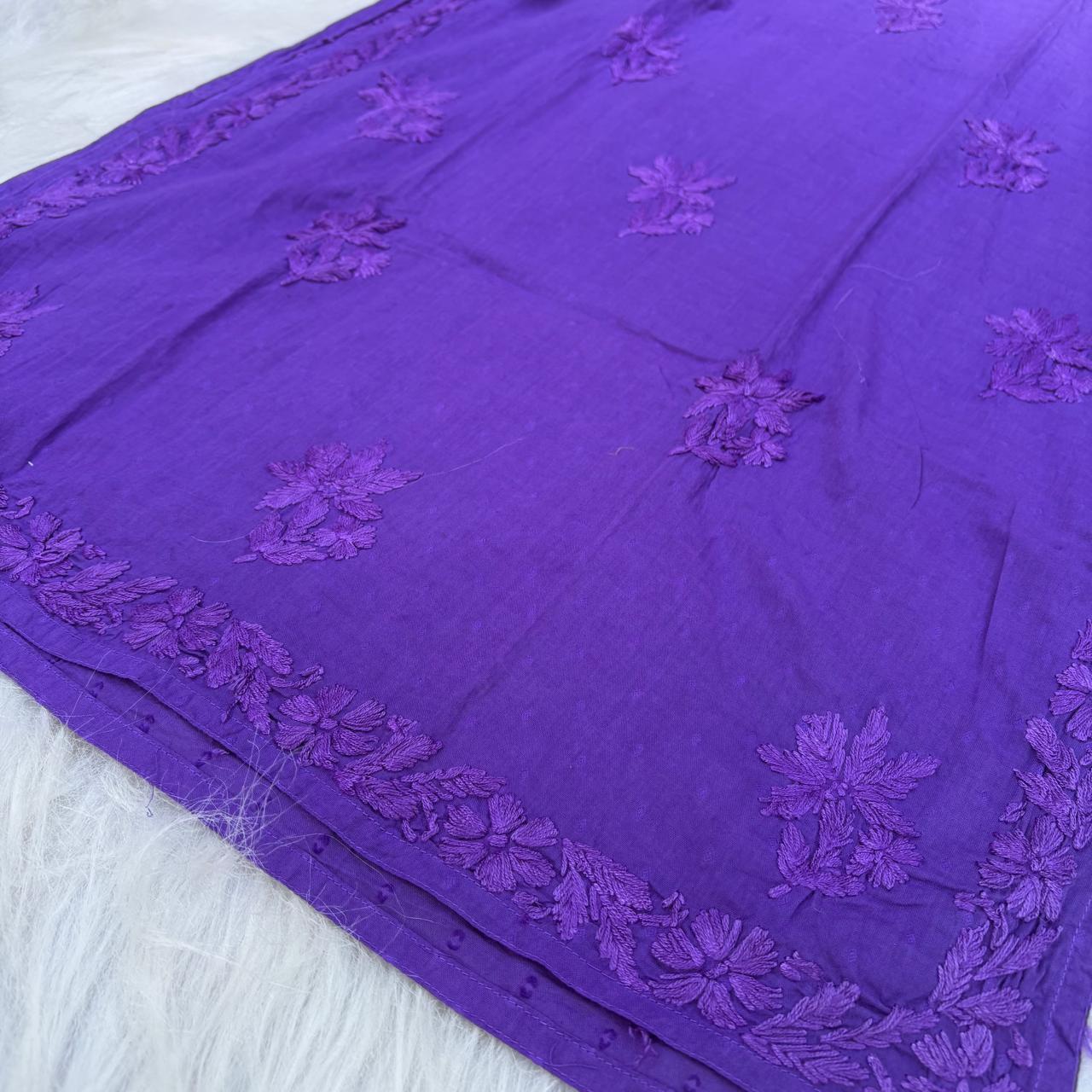 Sadia Dobby Cotton Ombre Shaded Chikankari Kurti with Collar - Purple Colour