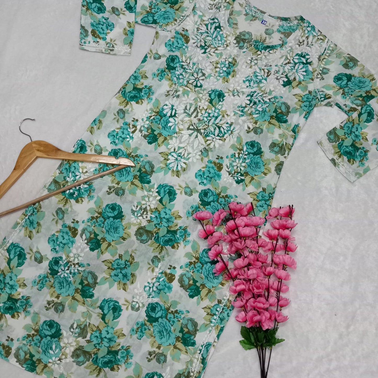 Aisha Mulmul Floral Printed Chikankari Handwork Kurti- Sea Green Colour - Chikankaar