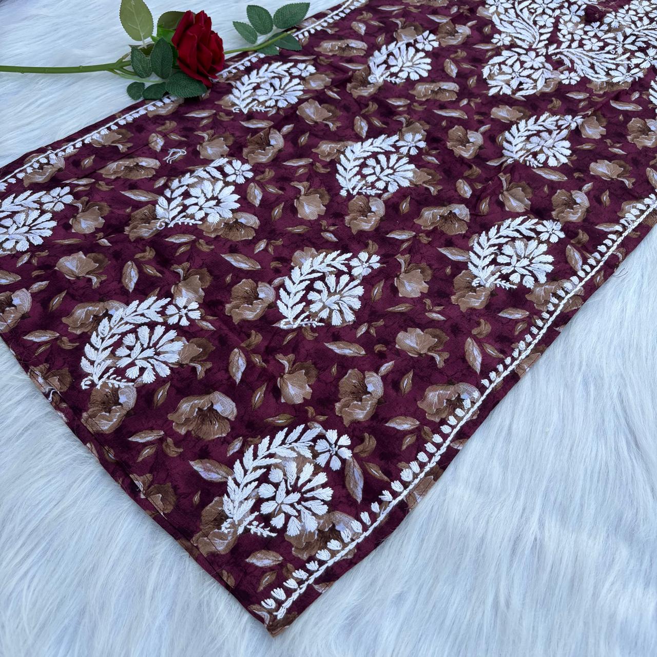 Sana Pure Mulmul Chikankari Handwork Kurti - Wine Colour