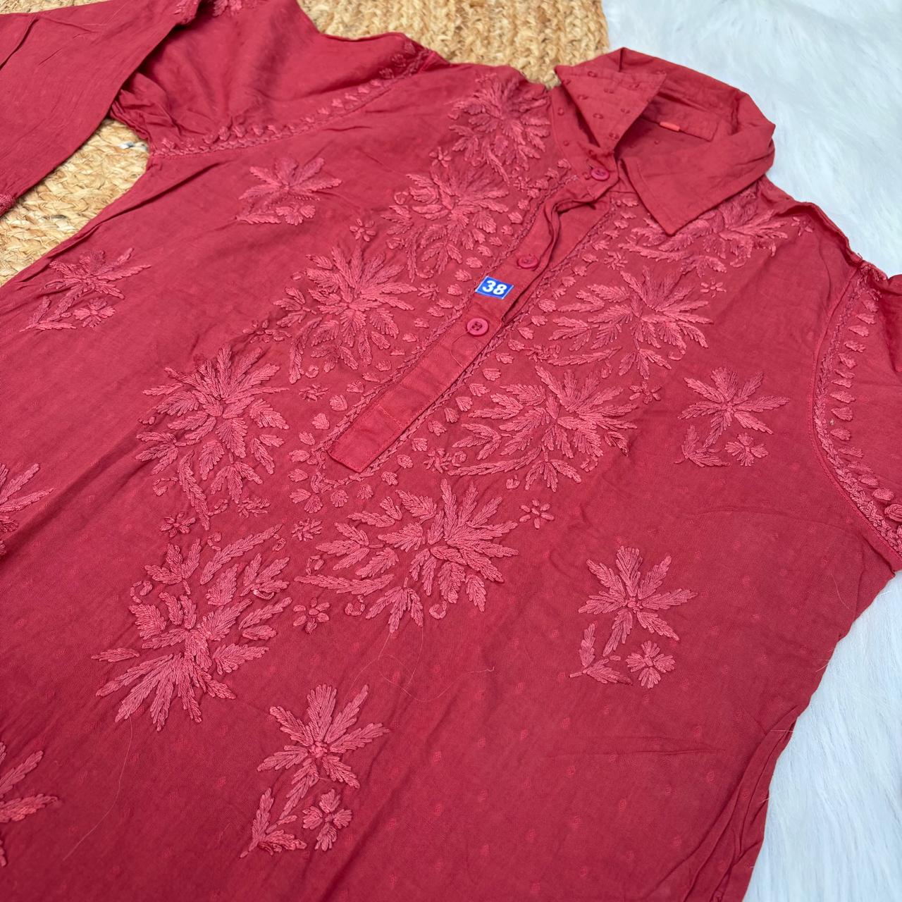Sadia Dobby Cotton Ombre Shaded Chikankari Kurti with Collar - Red Colour