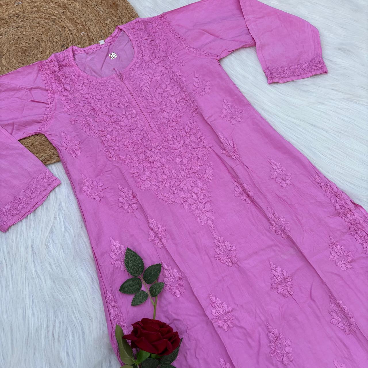 Zooni Chanderi Lucknowi Chikankari Dyed Kurti - Baby Pink