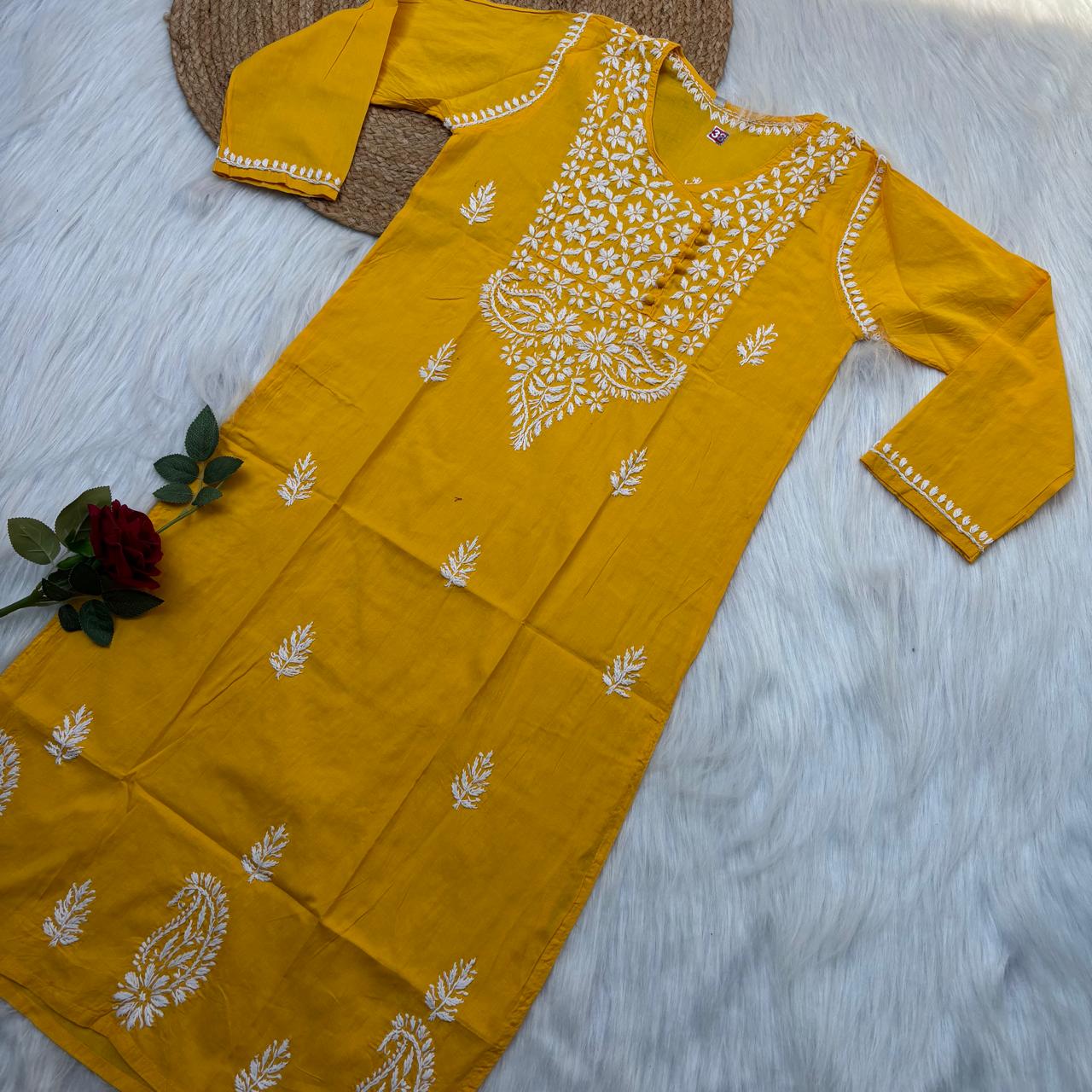 Sabeena Pure Cotton Chikankari Kurti Yellow Colour