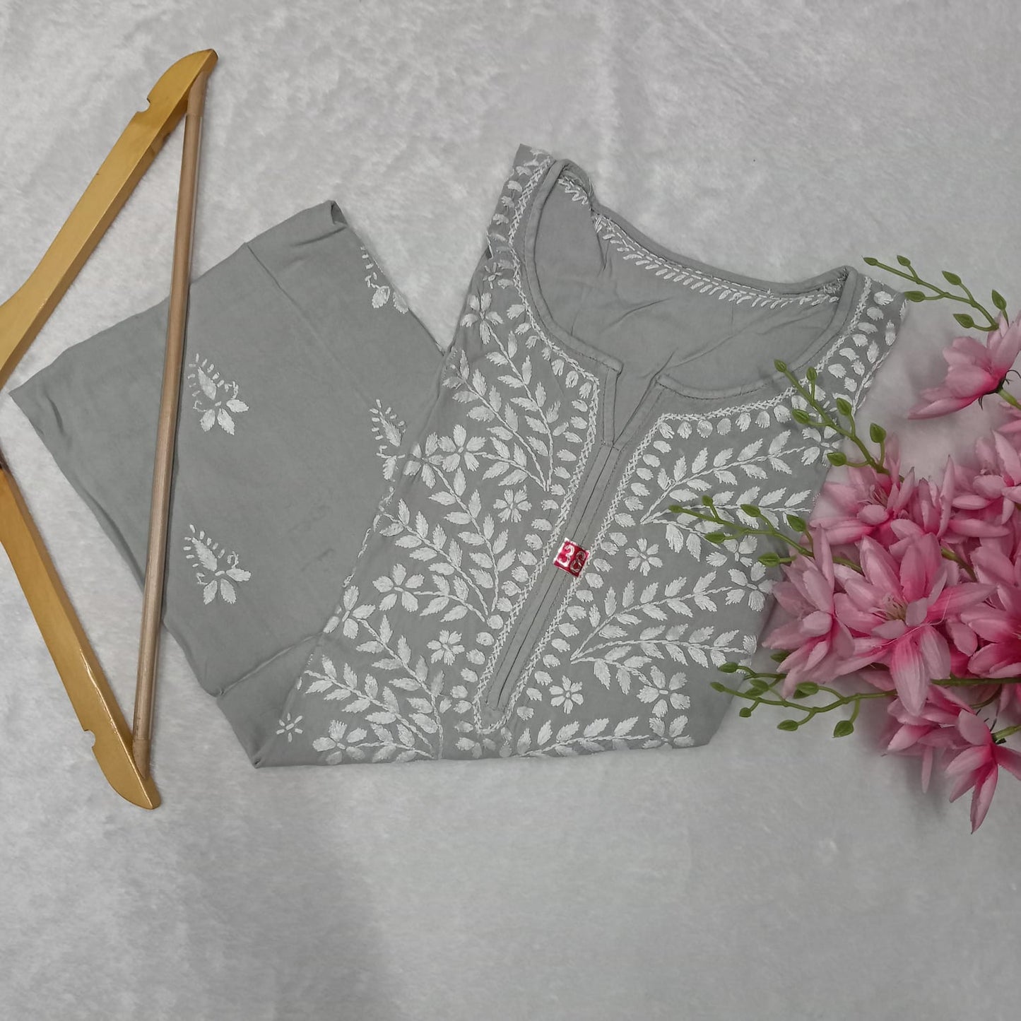 Soft Rayon Chikankari Ghaspatti Work Kurti Grey -Colour - Chikankaar
