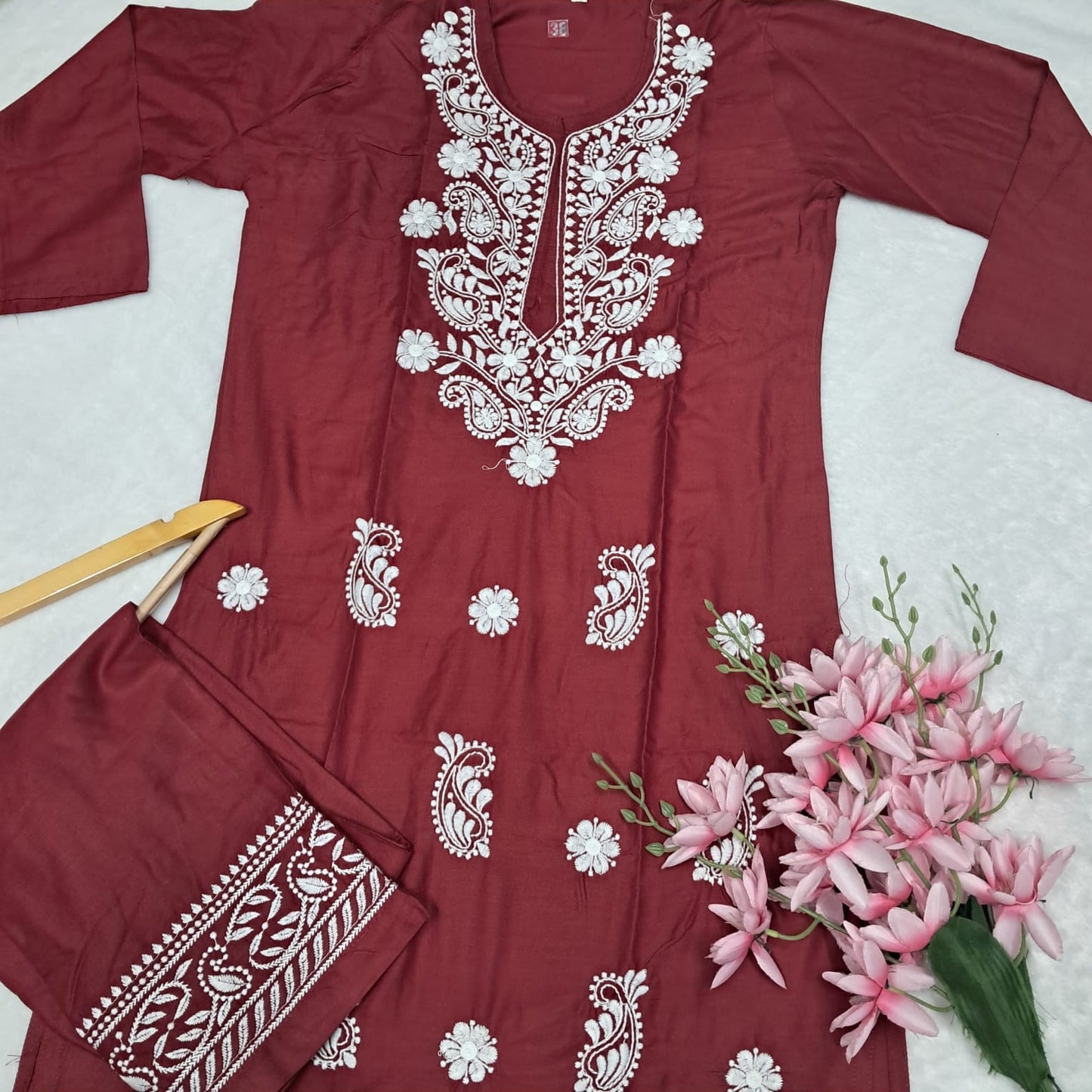 Rayon Chikankari Machine Work Kurti Plazo Set-maroon Colour - Chikankaar