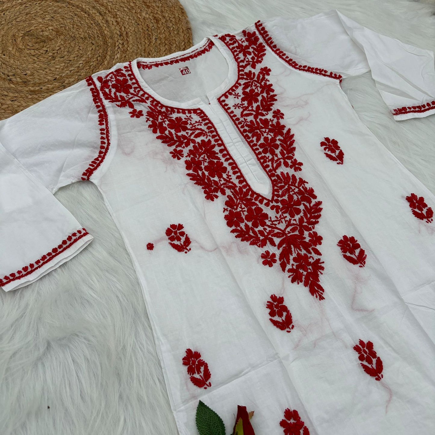 Shraddha Kapoor inspired Pure Cotton Chikankari Kurti - Red Colour - Chikankaar