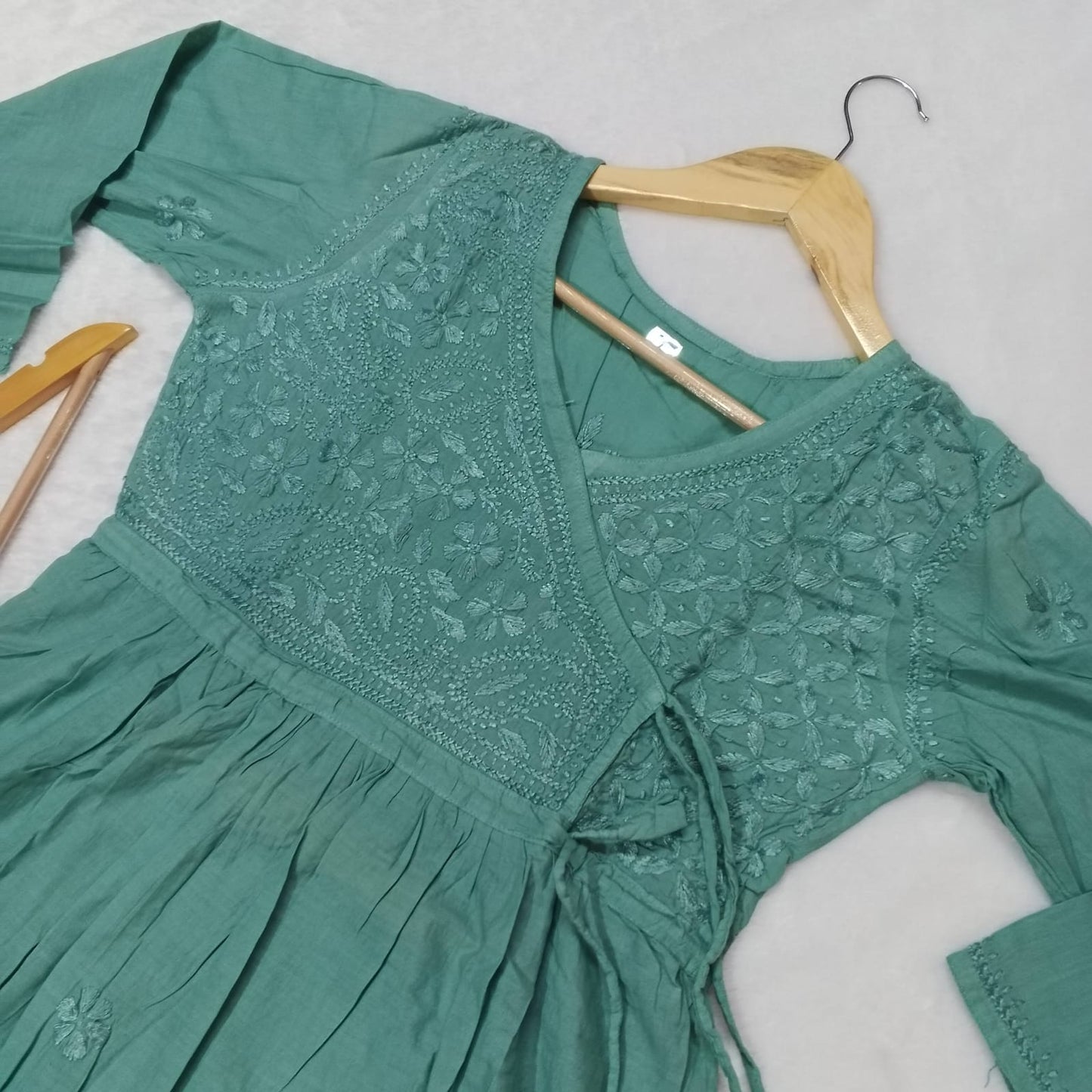 Dobby Cotton Chikankari
Short Angarakha Gown - Dark Green Colour - Chikankaar