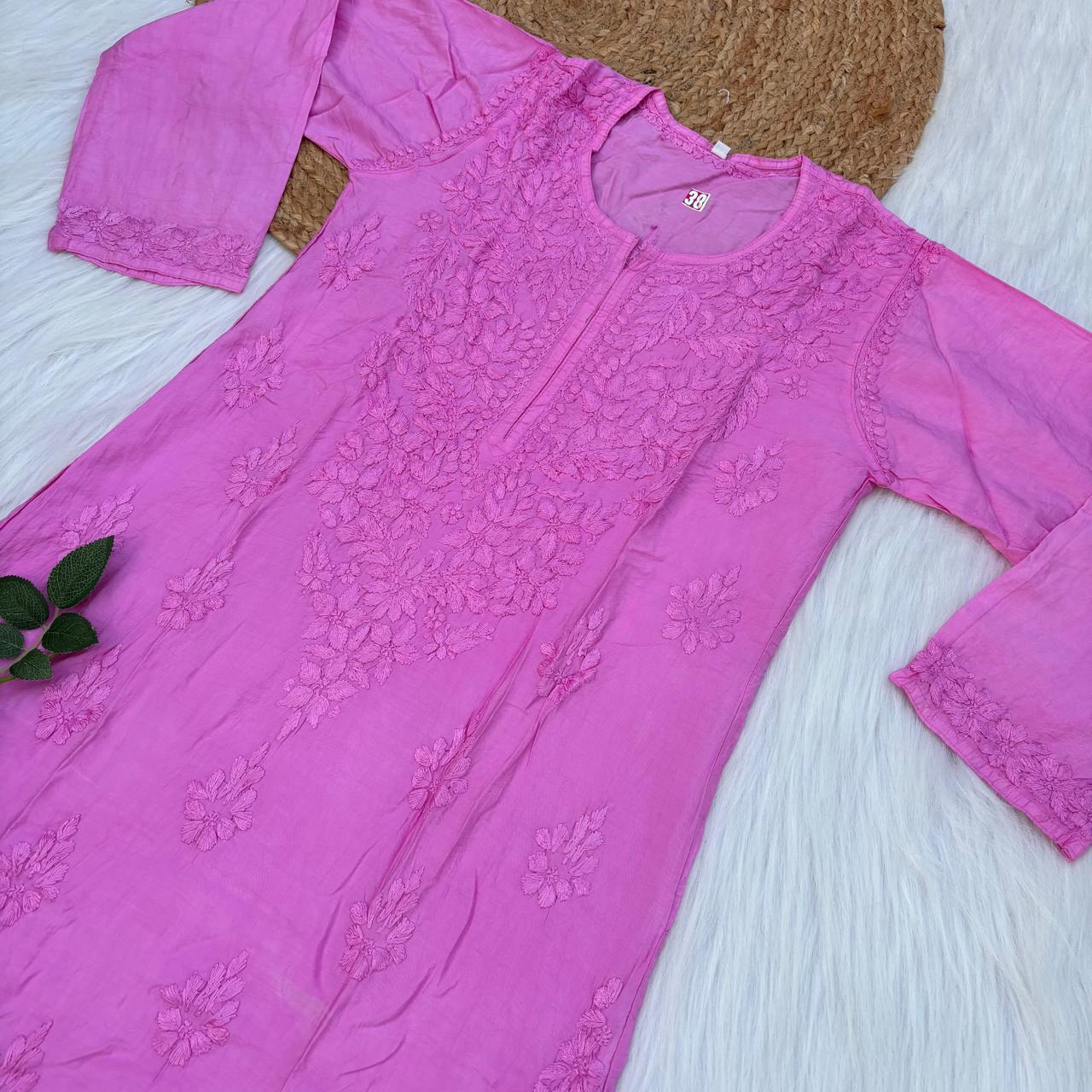 Zooni Chanderi Lucknowi Chikankari Dyed Kurti - Baby Pink