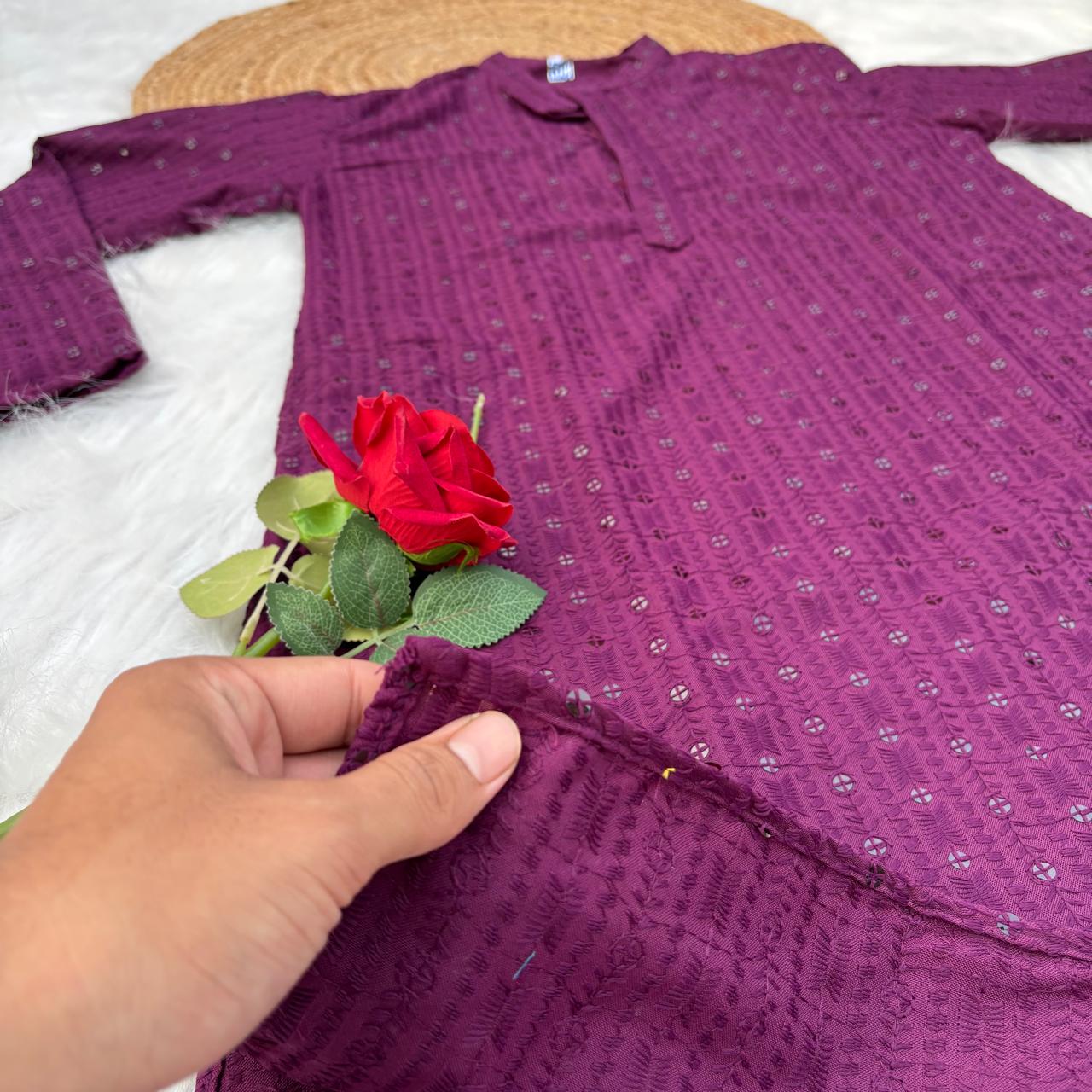 Ayaan Mens Cotton Chikankari Kurta - Wine colour