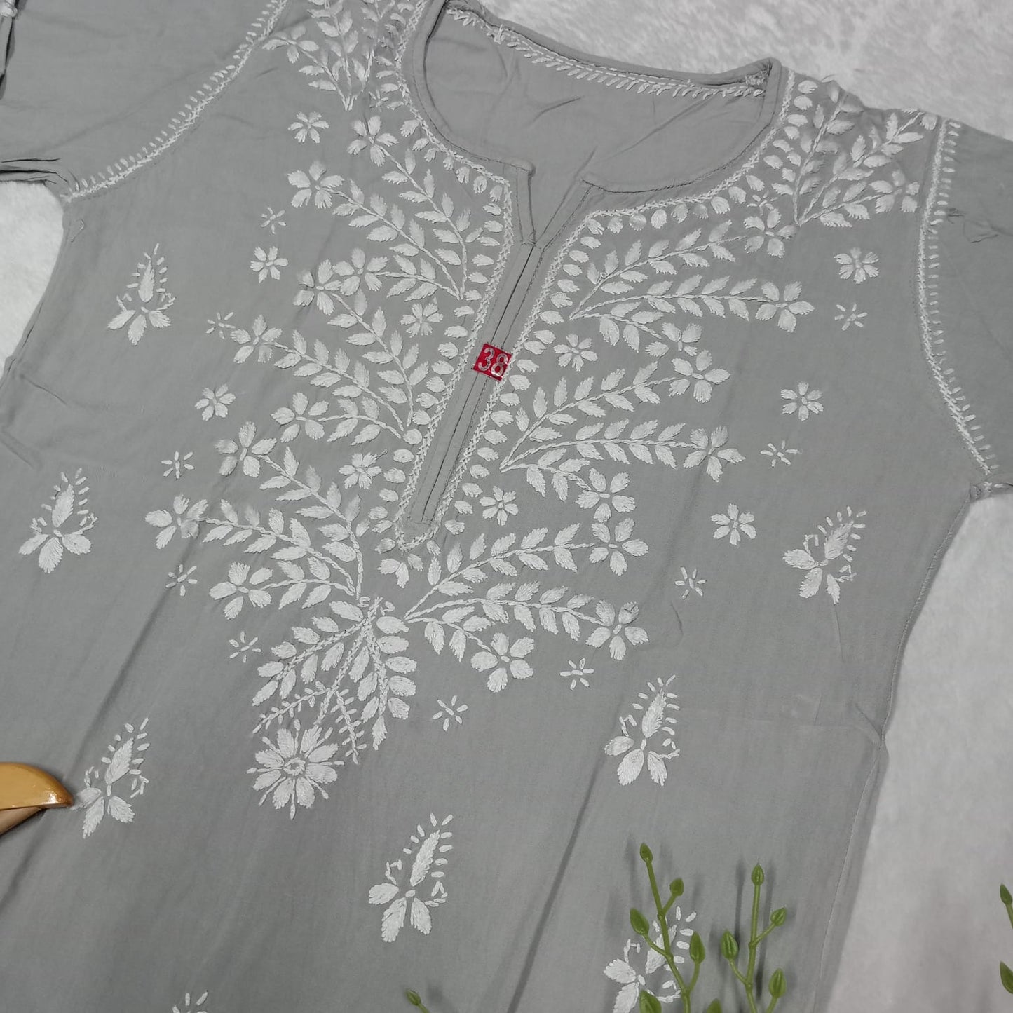 Soft Rayon Chikankari Ghaspatti Work Kurti Grey -Colour - Chikankaar