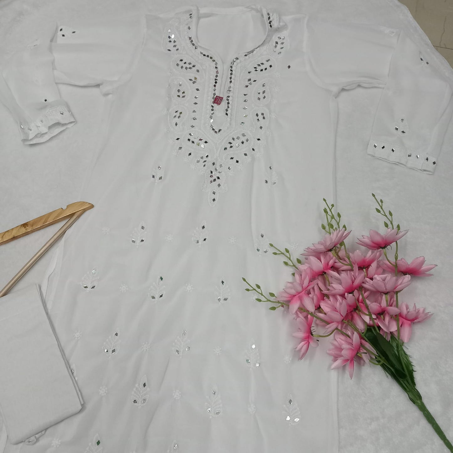 Georgette Mirror Work Chikankari Machine Work Kurti With Inner -White Colour - Chikankaar