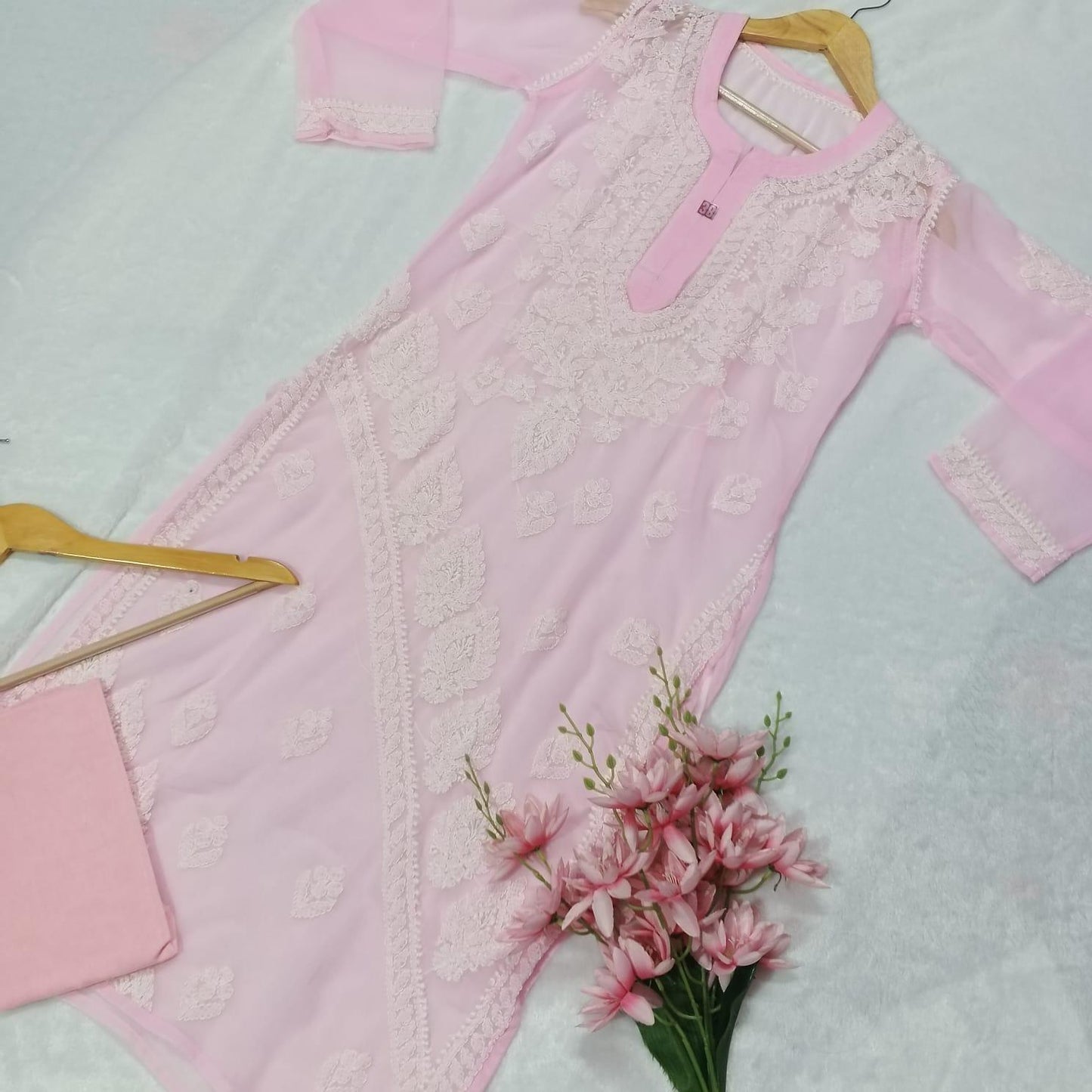 Graceful Georgette Chikankari Cross Panel Kurti With Inner - Baby Pink - Chikankaar