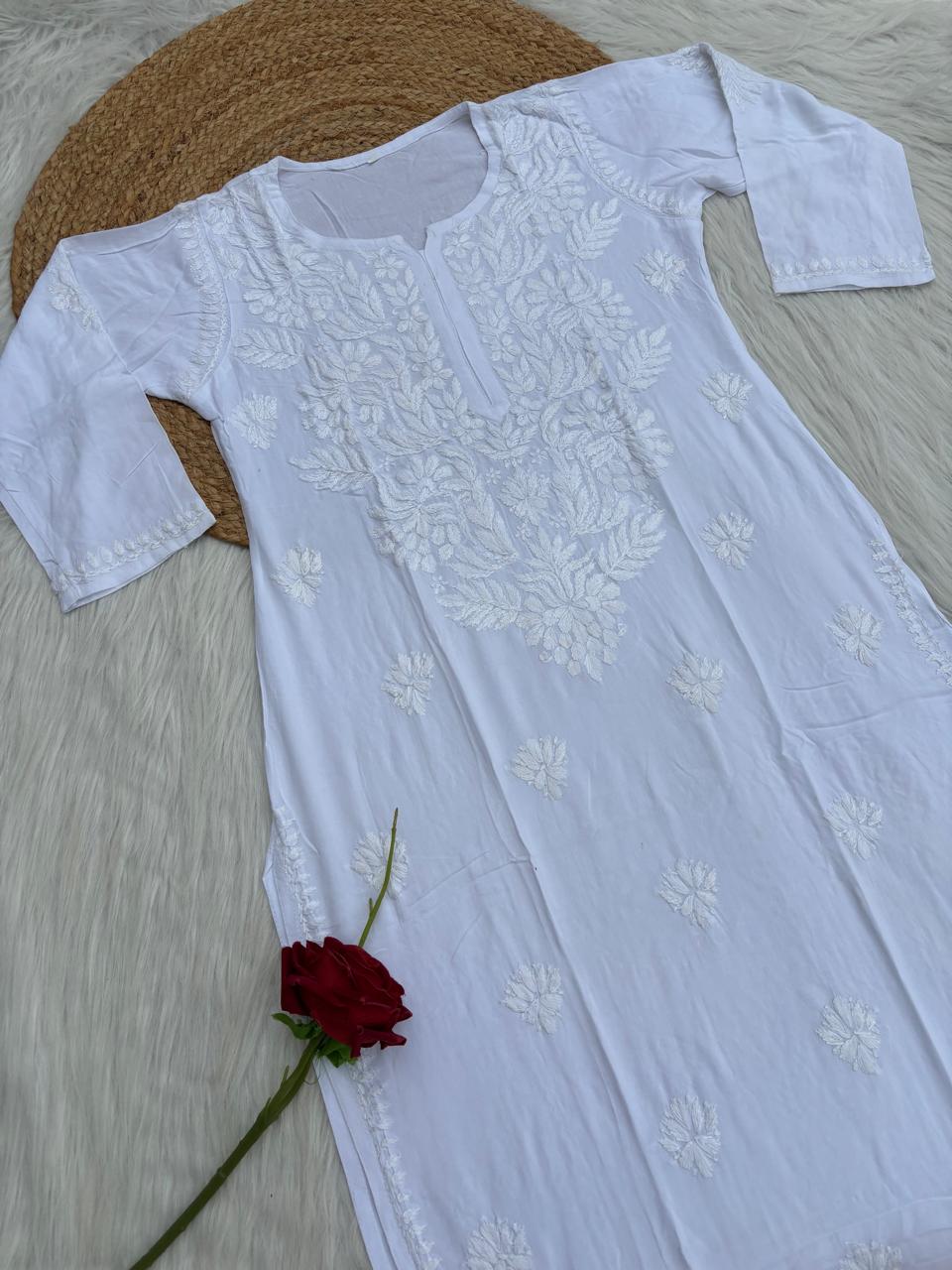 Simar Soft Rayon Handwork Chikankari Kurti- White Colour