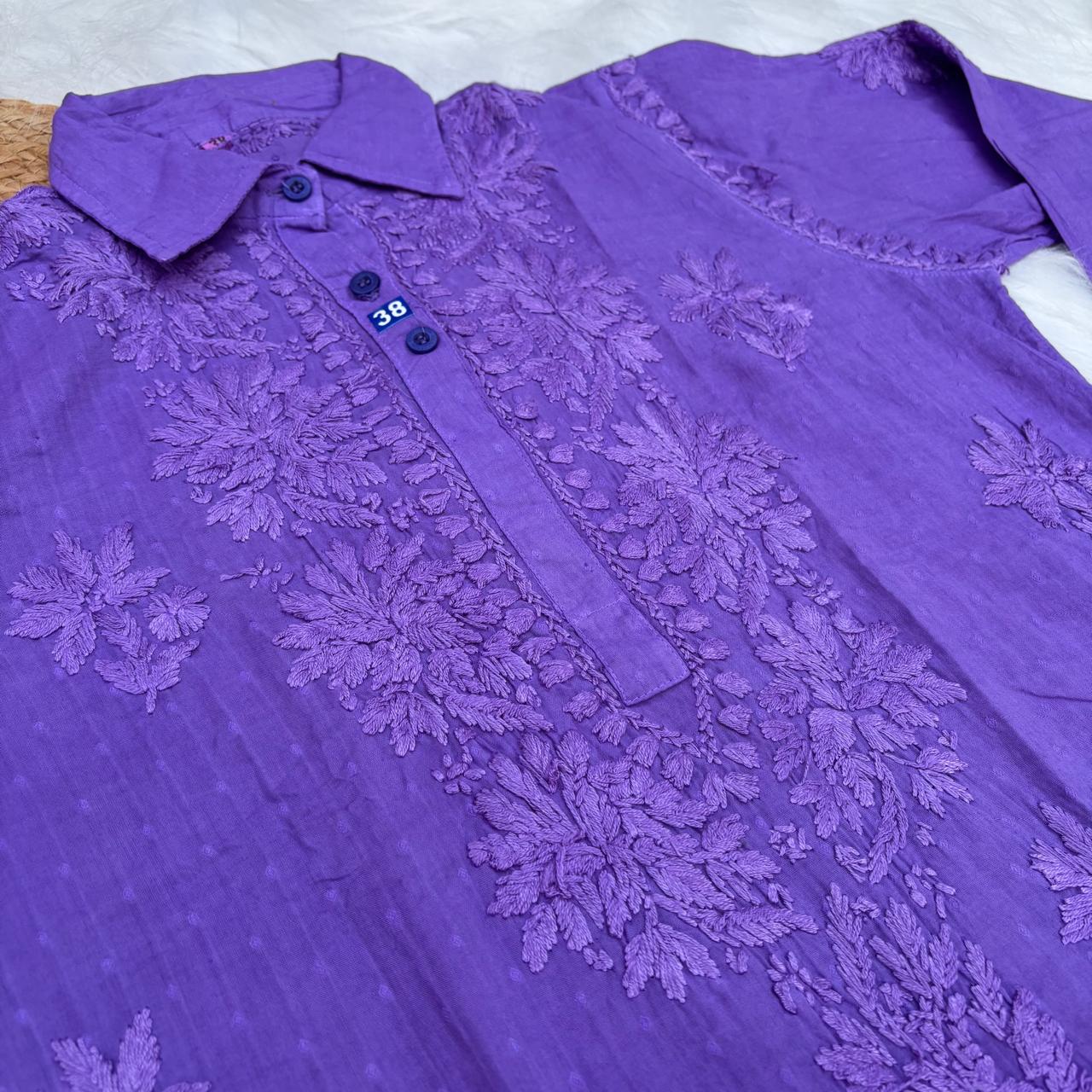 Sadia Dobby Cotton Ombre Shaded Chikankari Kurti with Collar - Purple Colour
